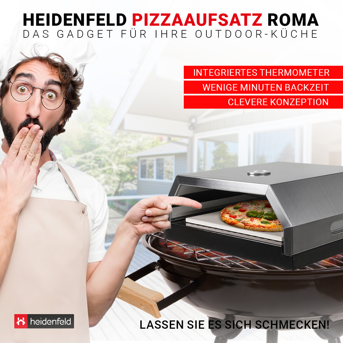 HEIDENFELD Pizzaofen Aufsatz Roma Pizzamaker, Grill Pizzastein für mit silber