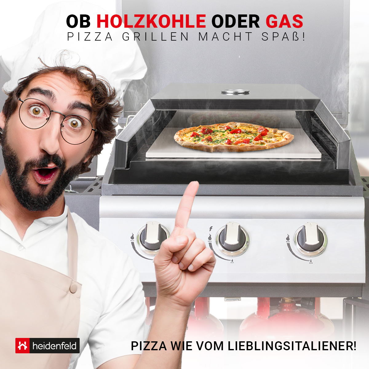 Pizzamaker, Grill Roma Pizzastein mit Aufsatz für silber Pizzaofen HEIDENFELD
