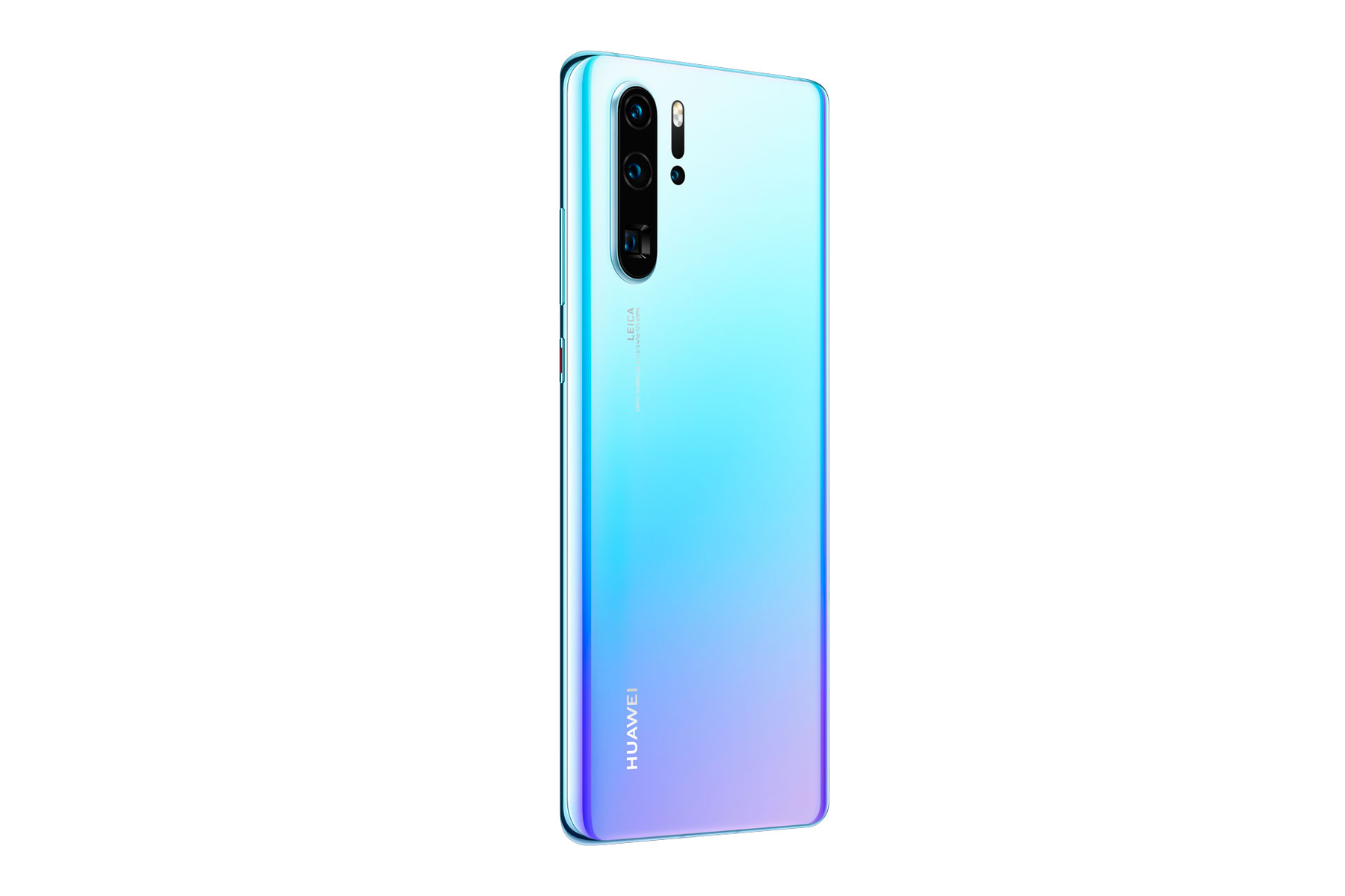 Un téléphone Huawei avec un dégradé de bleu à violet est vu de côté.