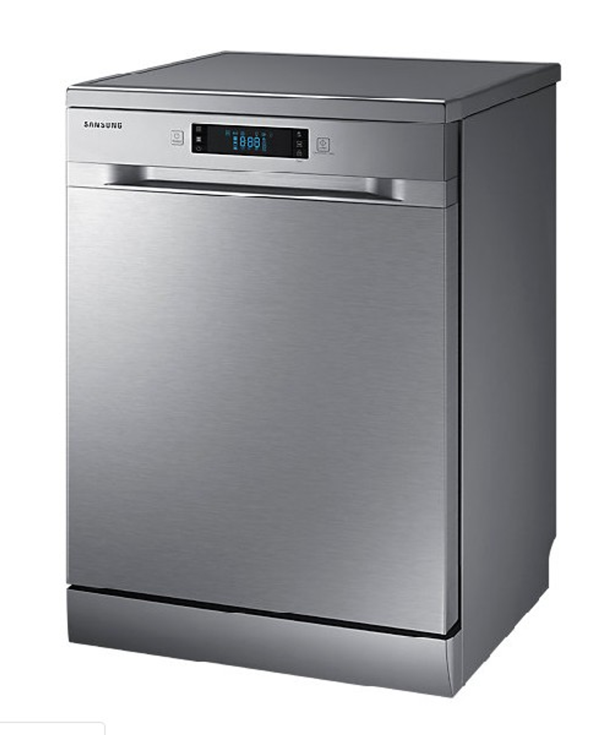 Zmywarka Samsung ze stali nierdzewnej z wyświetlaczem cyfrowym i przyciskami sterowania.