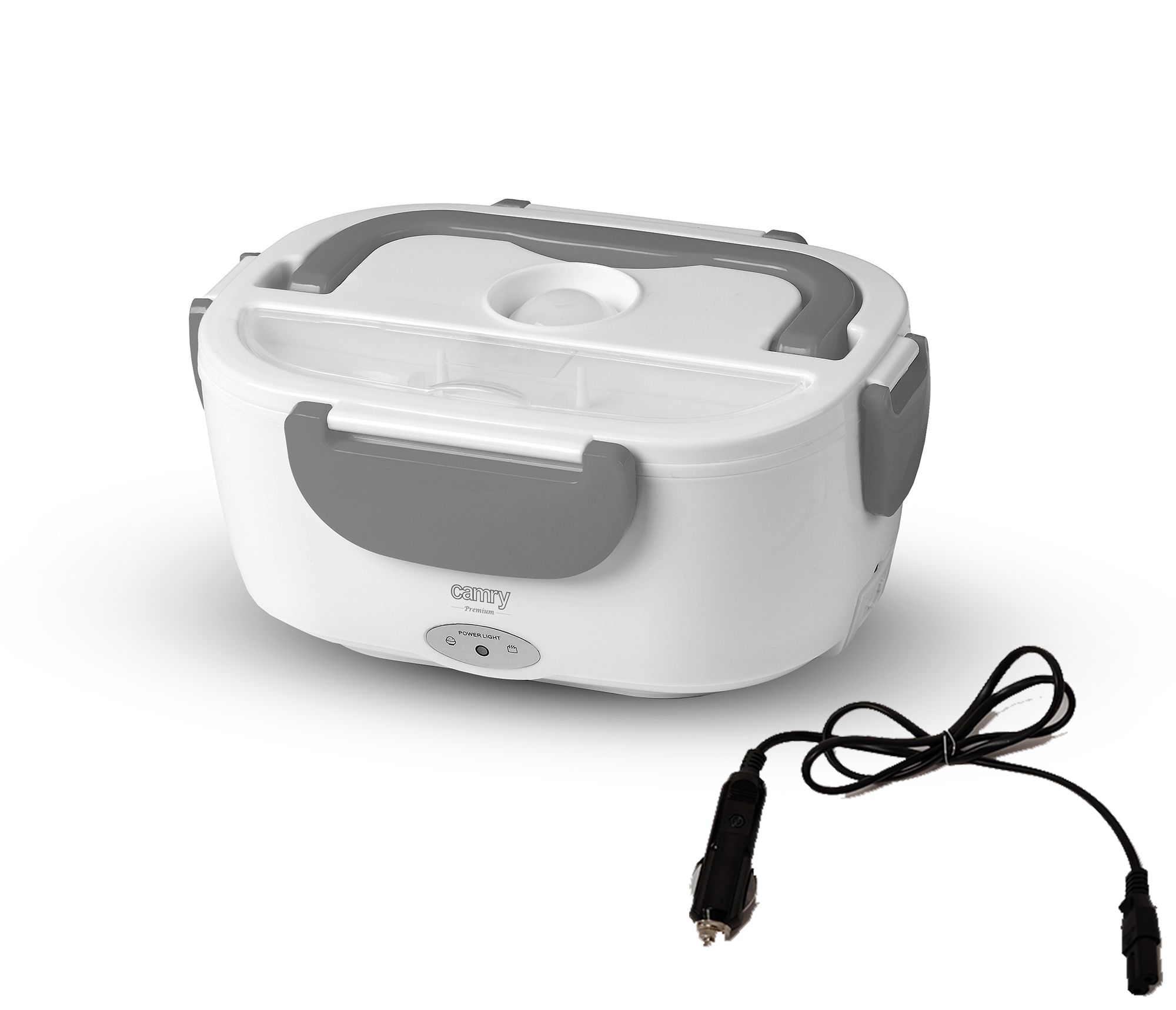 Weiße und graue beheizte Lunchbox mit einem schwarzen Netzkabel und Auto-Adapter.