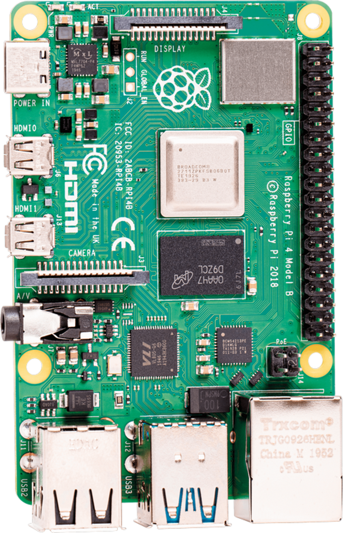 Placa de circuito Raspberry Pi 4 Modelo B. Verde con puertos, chips y conectores. Vista superior.
