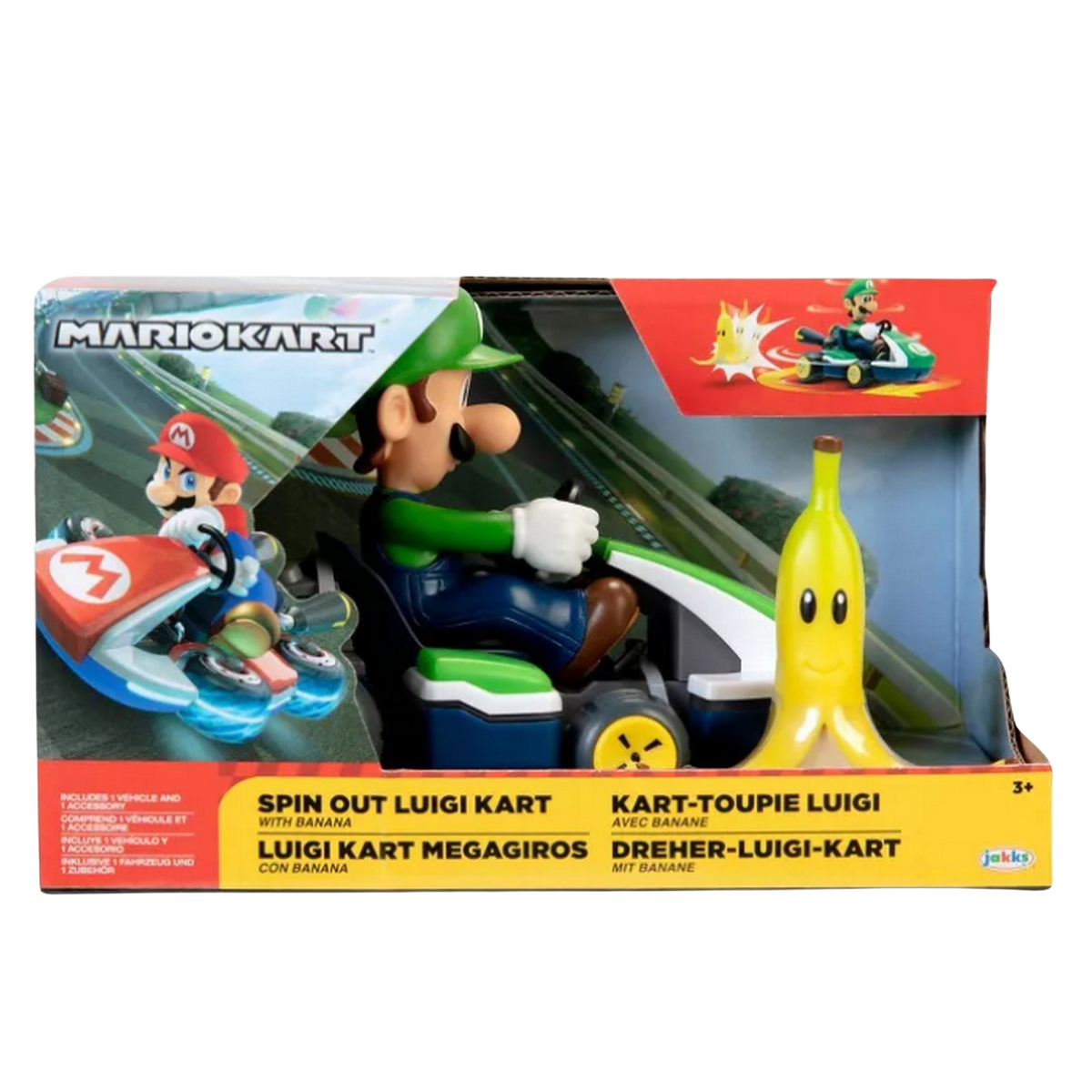 Set de juguetes de Mario Kart. Luigi en su kart con un plátano. Mario en su kart y un juguete de plátano.