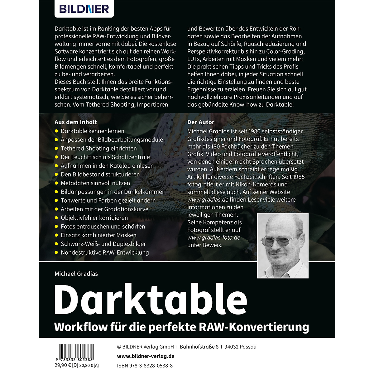 Ein Buchcover mit dem Titel 'Darktable' und einem Autorenfoto.