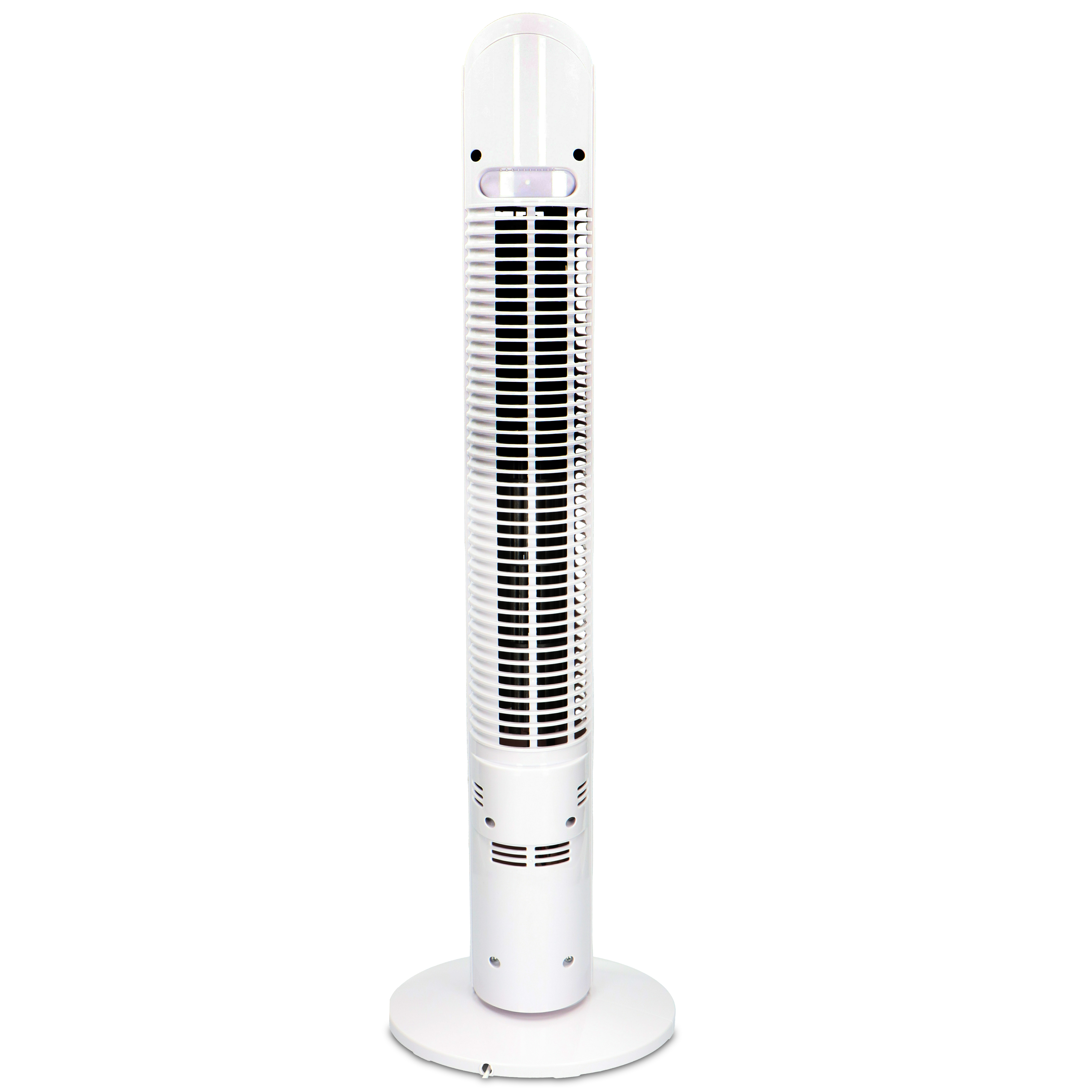 White tower fan on a white background. The fan is tall and thin.