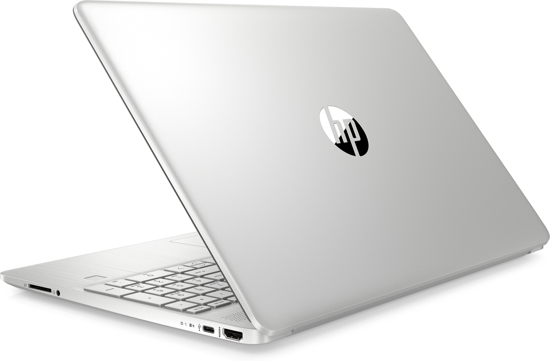 Un portátil HP plateado, cerrado e inclinado, que muestra la parte trasera. El logotipo de HP es visible en la tapa.
