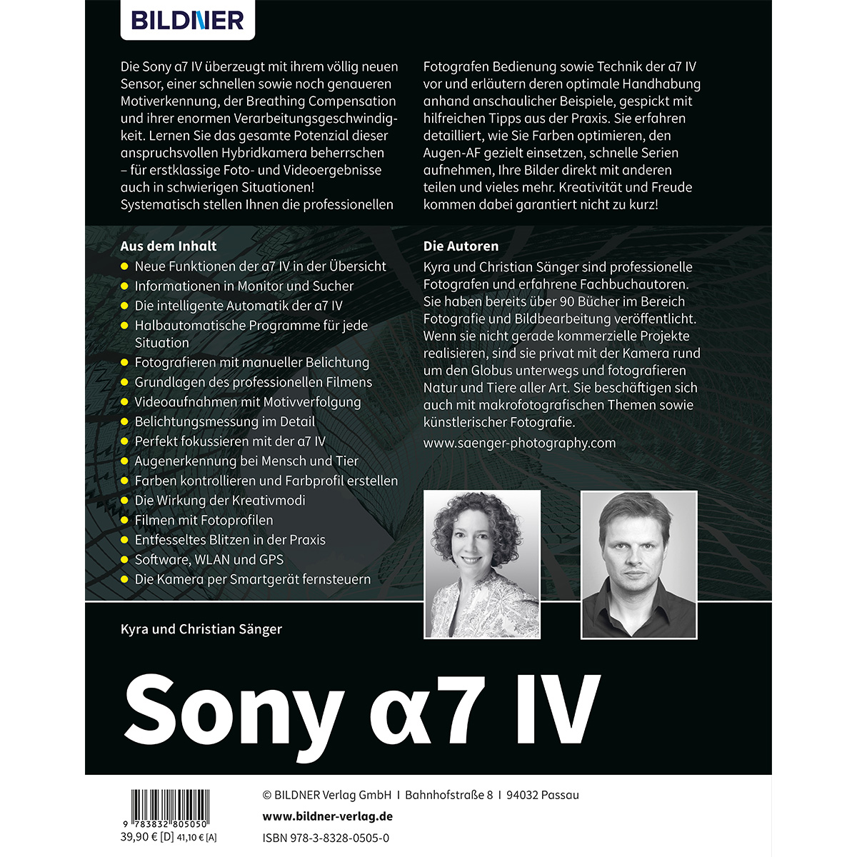 Buchcover mit Text und Bildern von zwei Personen. Der Titel lautet Sony α7 IV. Der Hintergrund ist grau.
