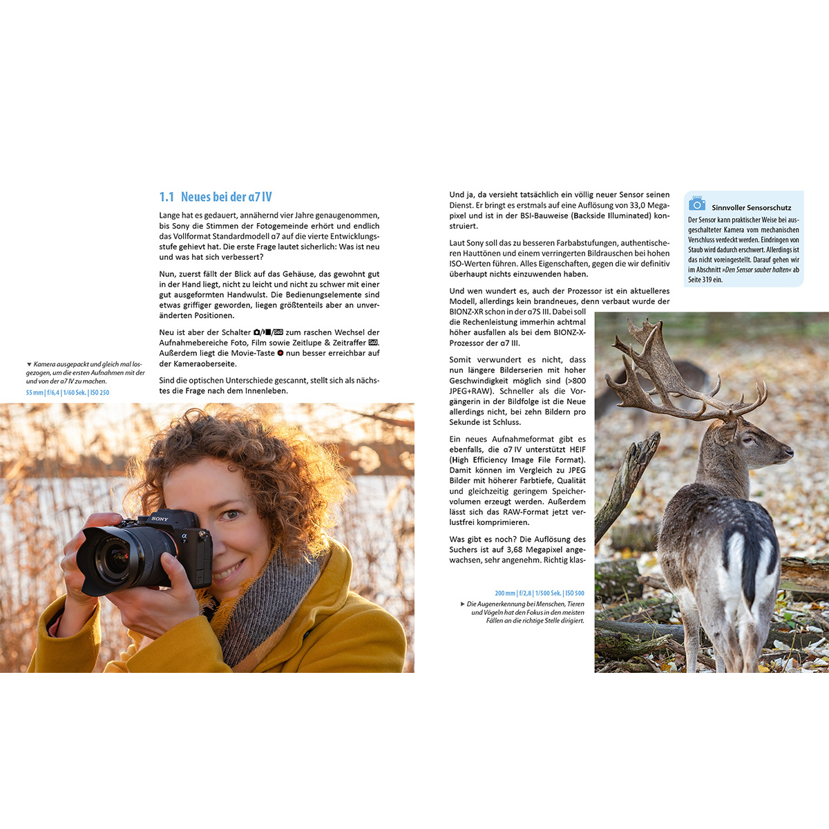 Frau mit Kamera lächelt. Text und Bilder auf offenen Buchseiten. Hirsch im Feld ist im Hintergrund.