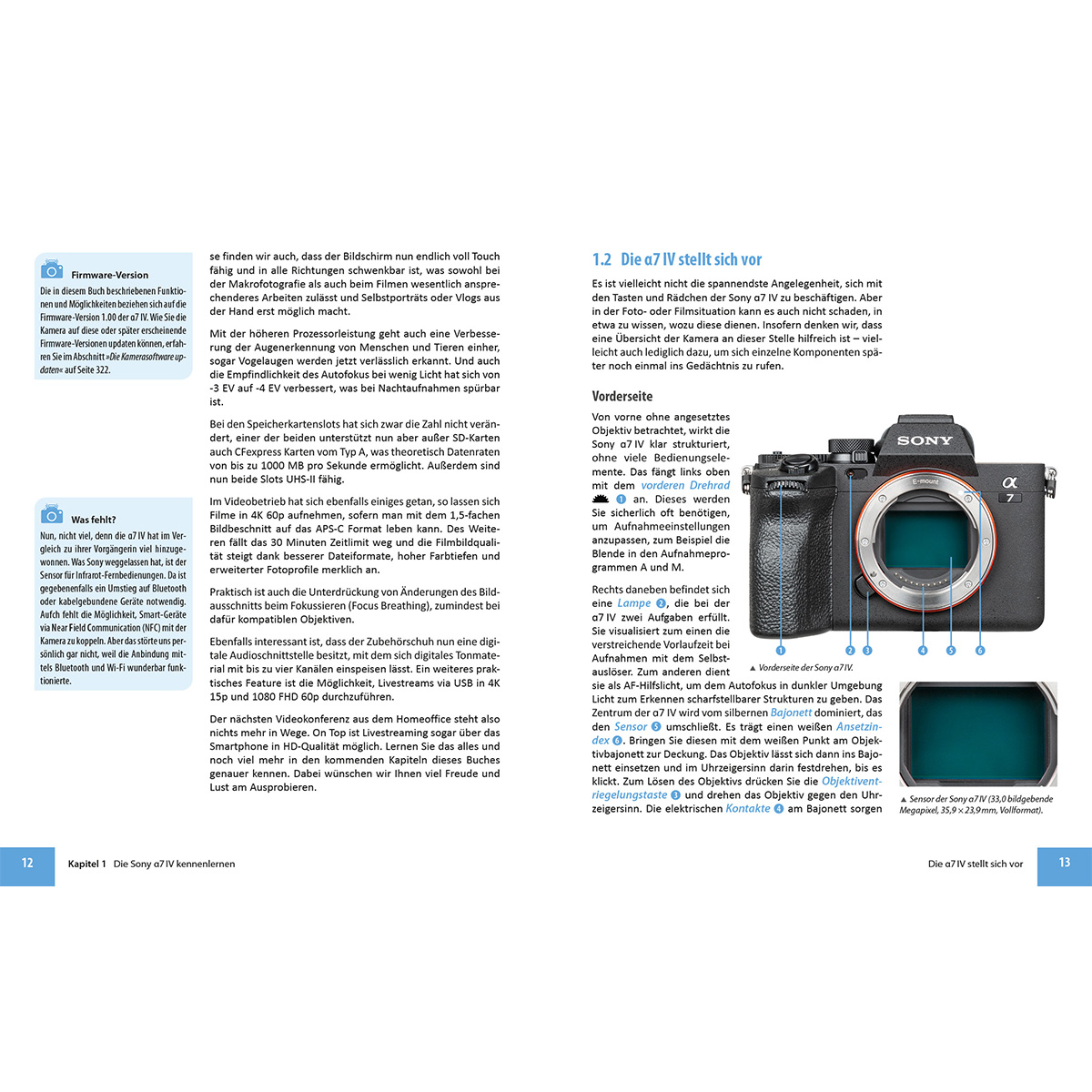 Eine Sony a7 IV Kamera mit Objektiv und anderen Teilen. Die Kamera ist schwarz, Text ist vorhanden.