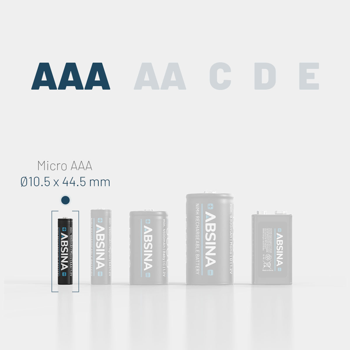 Batterien verschiedener Größen, mit Textetiketten und Micro-AAA-Batterie.