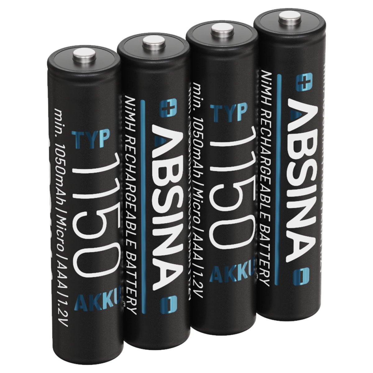 Vier schwarze, wiederaufladbare AAA-Batterien mit weißem Text und blauen Akzenten.