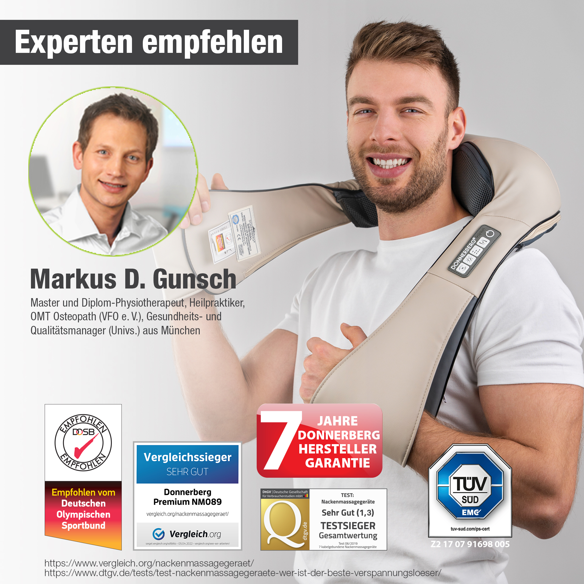 Mann mit Nackenmassagegerät, Text über Donnerberg und Logos.