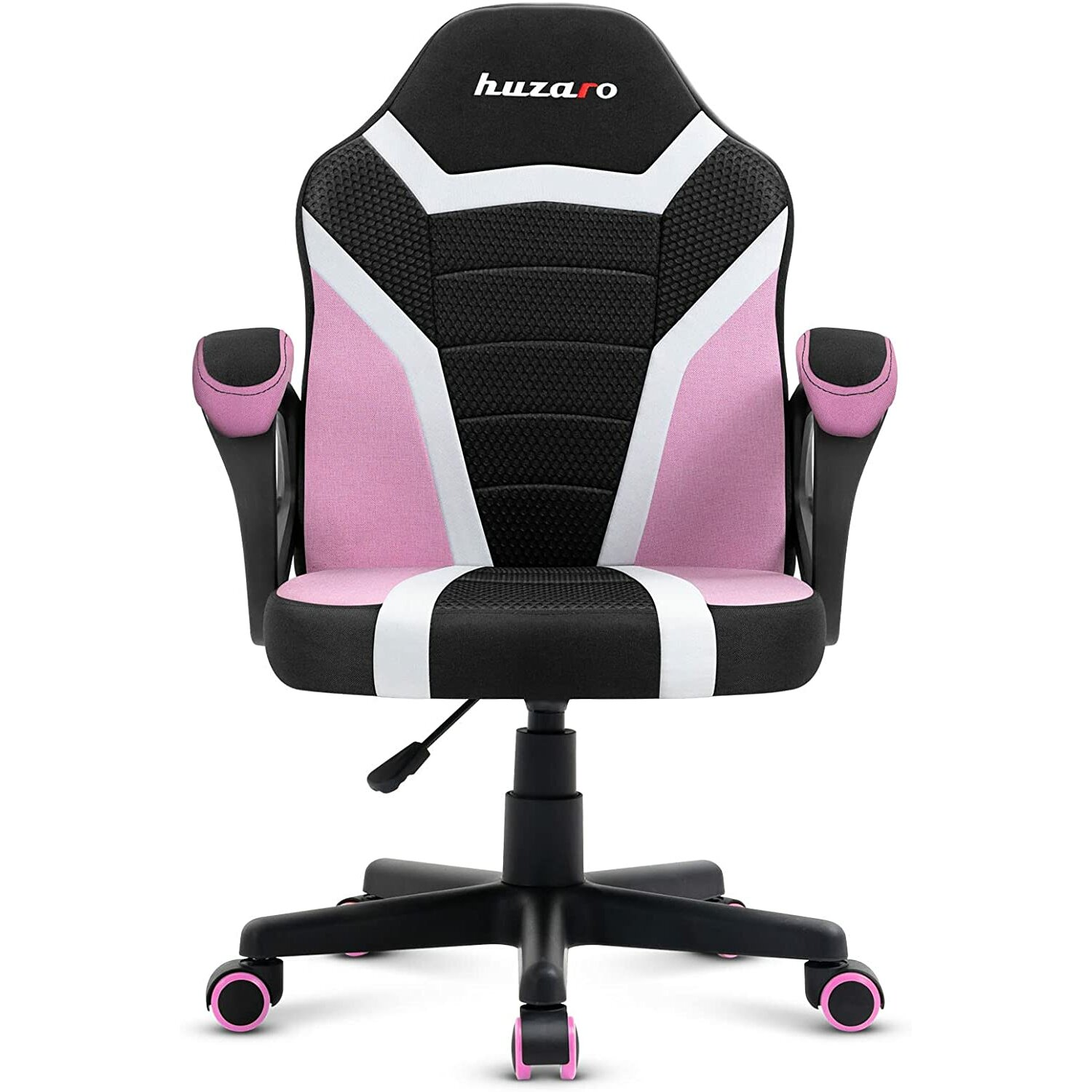 Rosa-schwarzer Gaming-Stuhl mit fünf Rädern. Schwarzes Gestell und Armlehnen. Weißer Hintergrund.