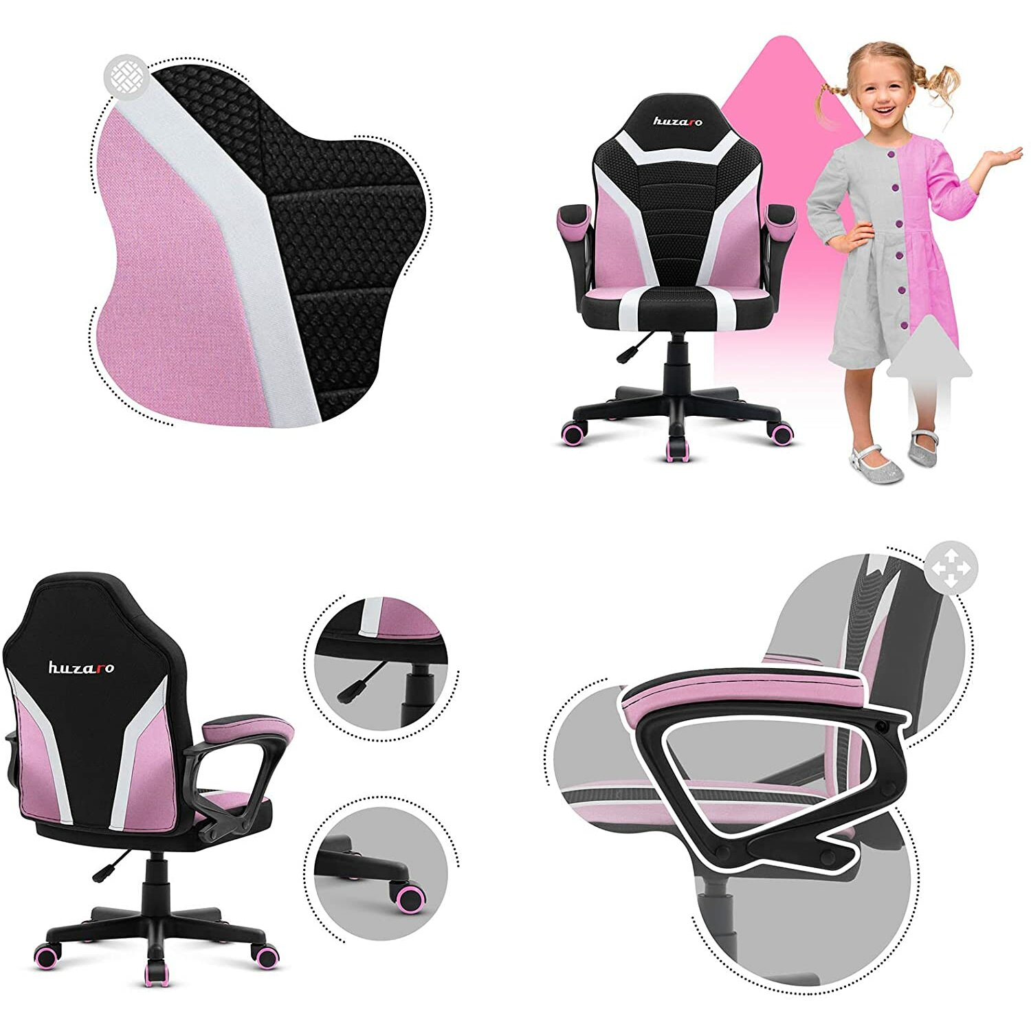 Ein pinkfarbener und schwarzer Gaming-Stuhl. Ein junges Mädchen lächelt daneben.