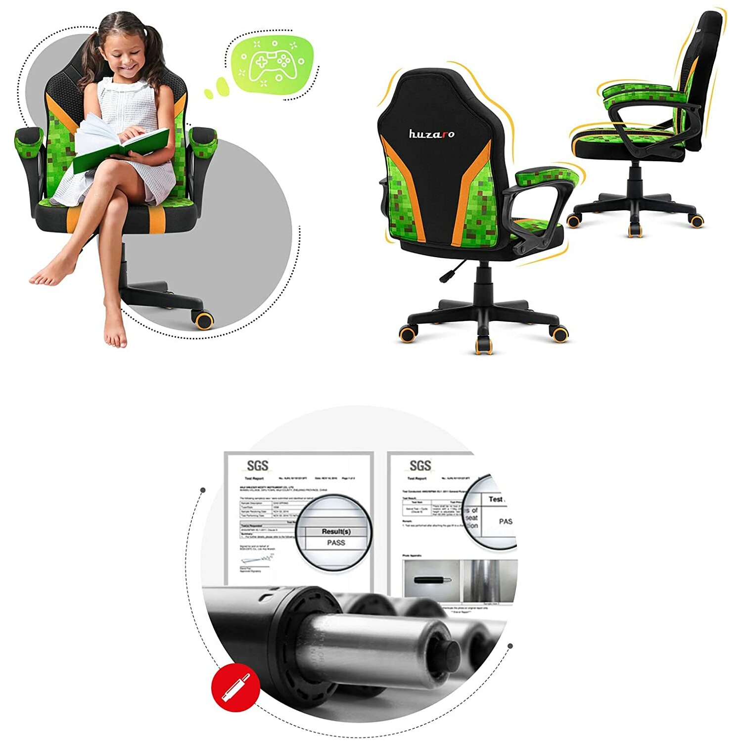 Dziewczyna siedzi w fotelu do gier. Dodatkowe obrazy pokazują krzesło i dokumenty SGS.