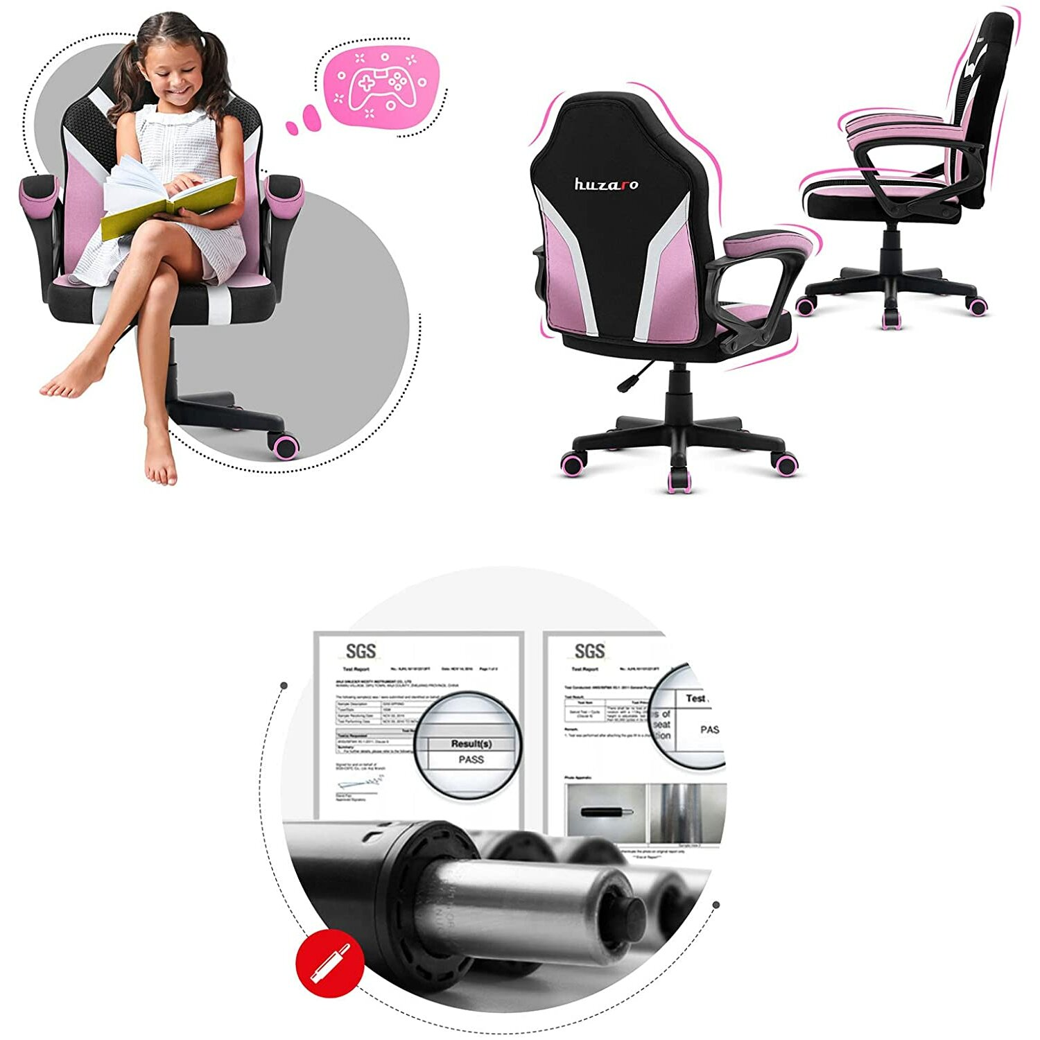 Mädchen in einem Gaming-Stuhl, Diagramme des Stuhls und Nahaufnahme der Basis.