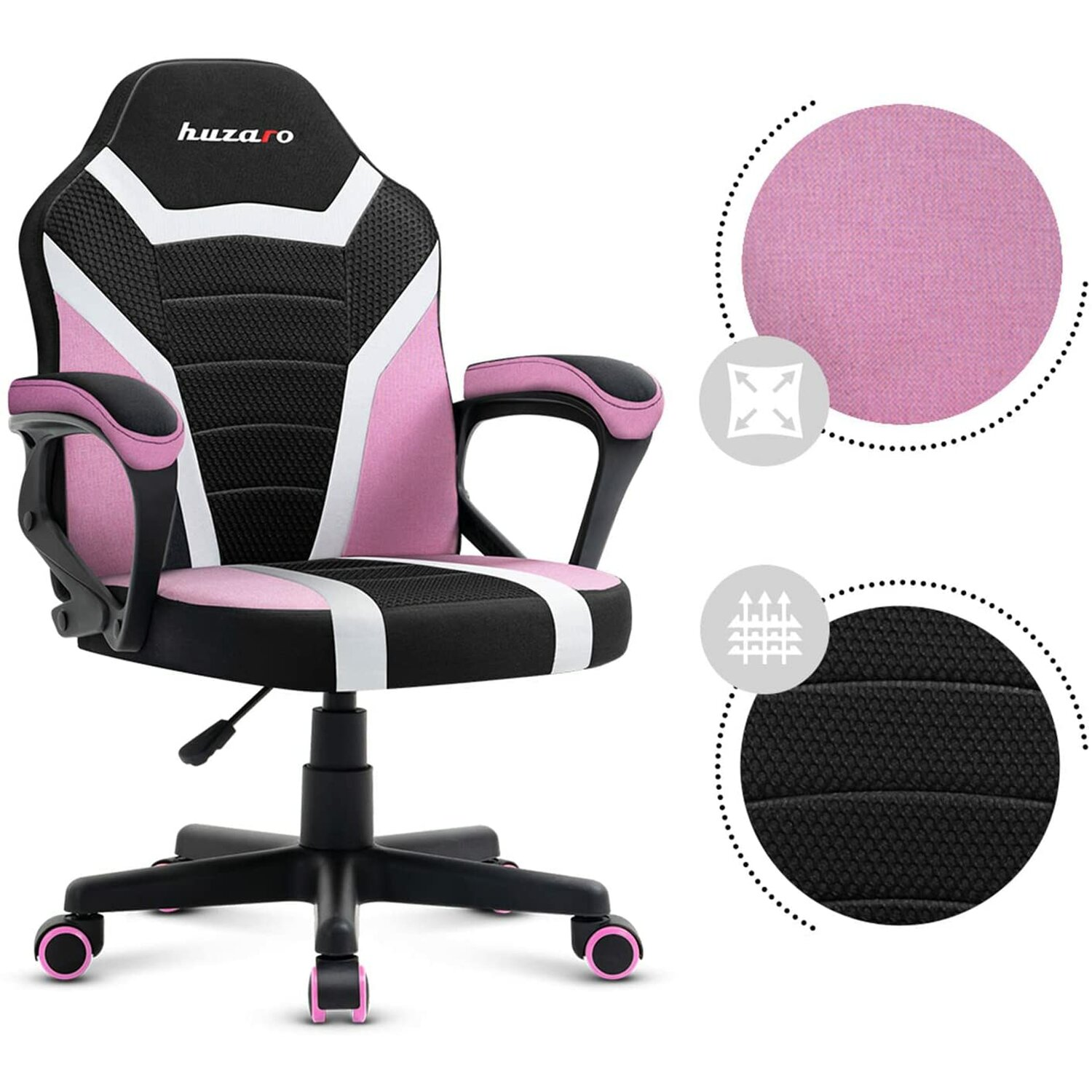 Ein rosa und schwarzer Gaming-Stuhl mit rosa Rollen und schwarzem Fuß.