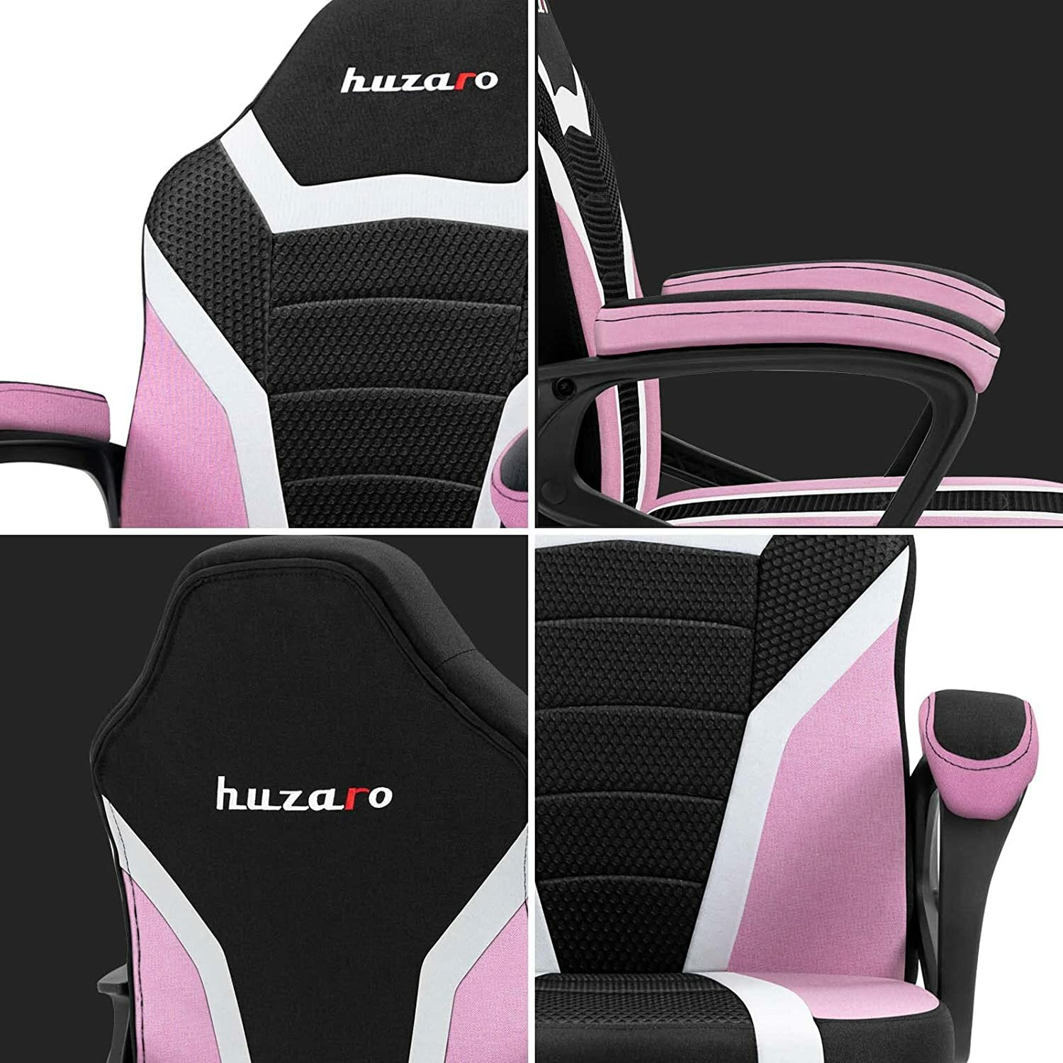 Nahaufnahmen von einem pink-schwarzen Gaming-Stuhl mit 'huzaro'-Logo und weißen Akzenten.