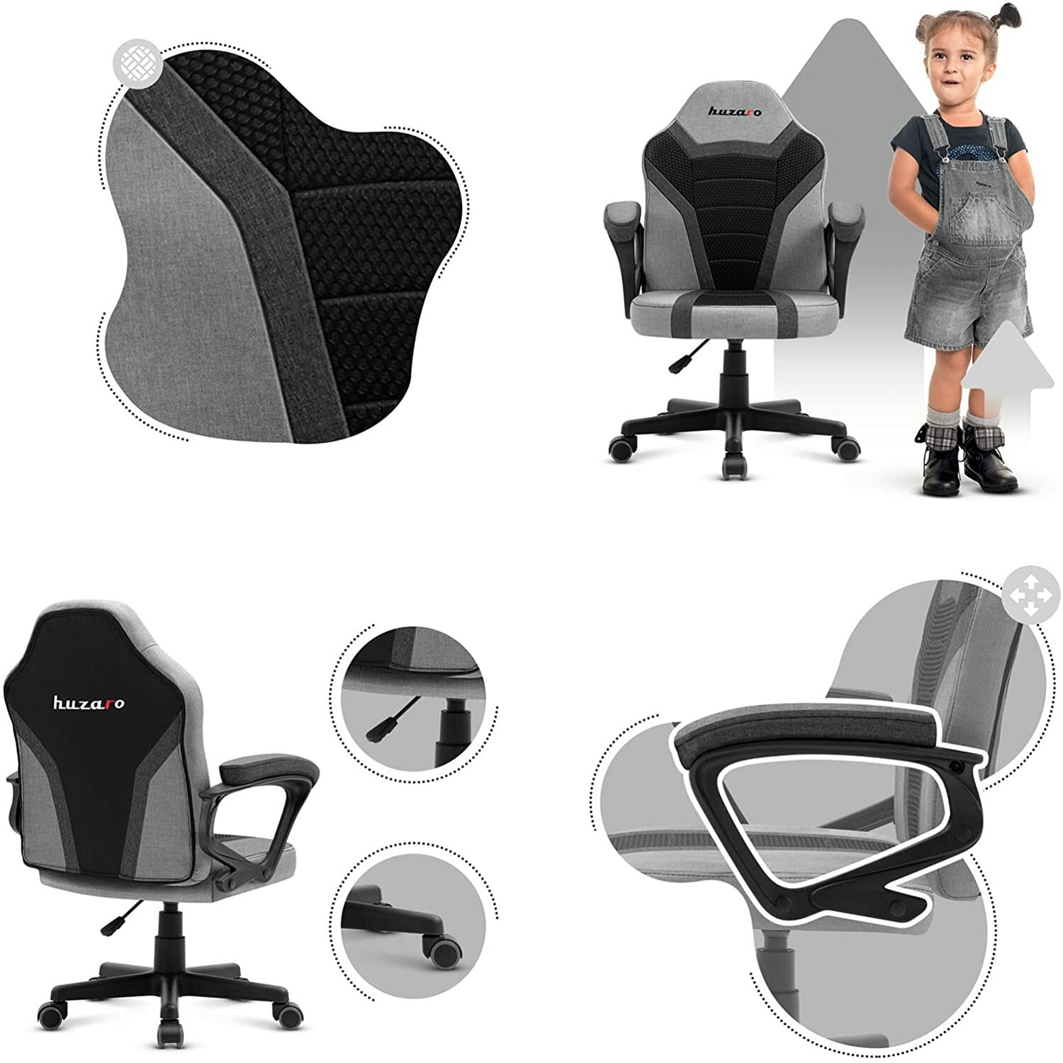 Krzesło do gier z dziewczynką obok. Krzesło ma szaro-czarny design.