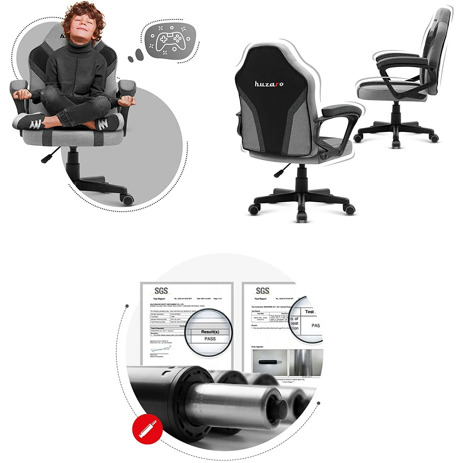 Dziecko siedzące w szaro-czarnym fotelu gamingowym z różnymi komponentami i wynikami testów.