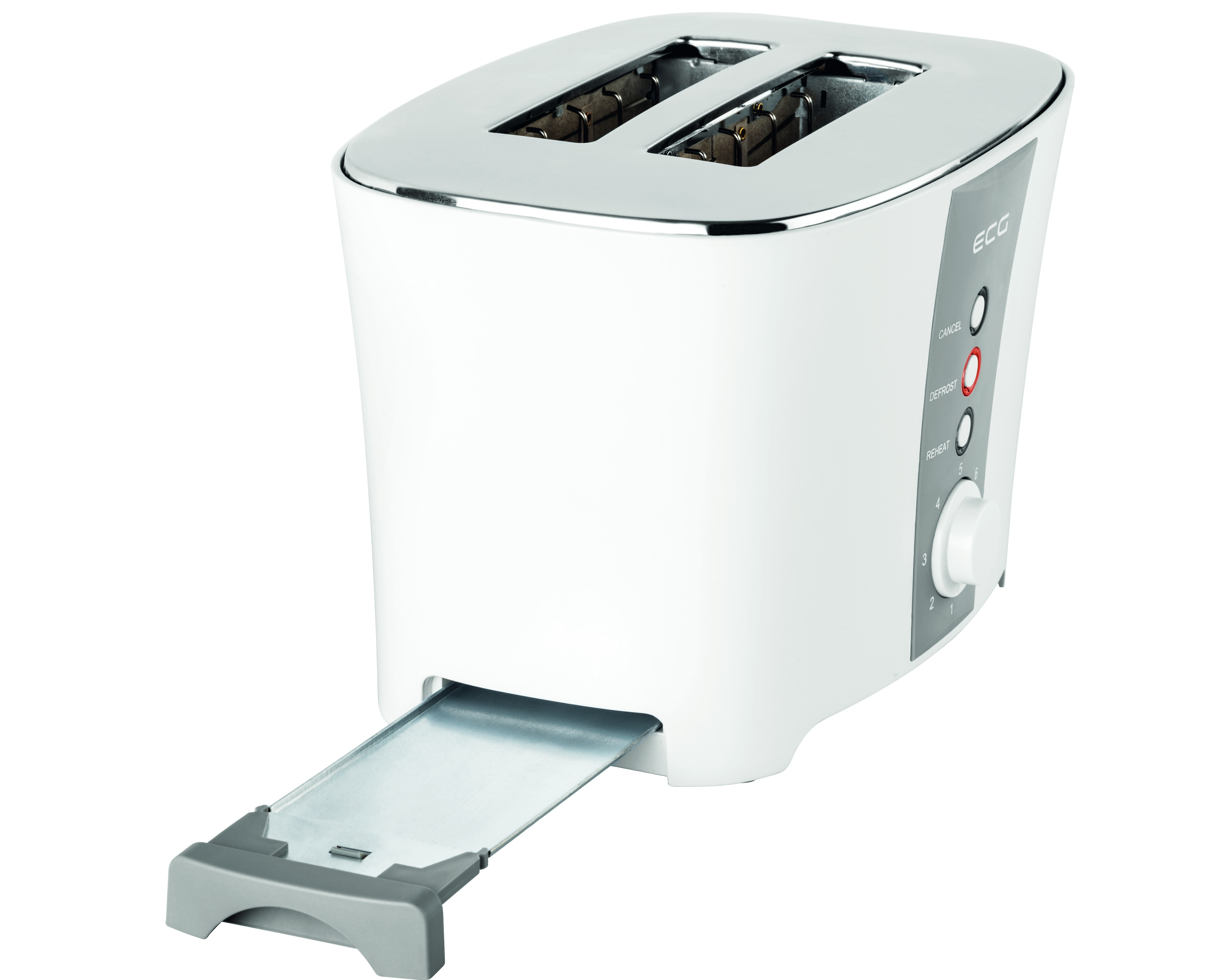 Ein weißer ECG-Toaster mit herausgezogener Krümelschublade und Knöpfen für Einstellungen.