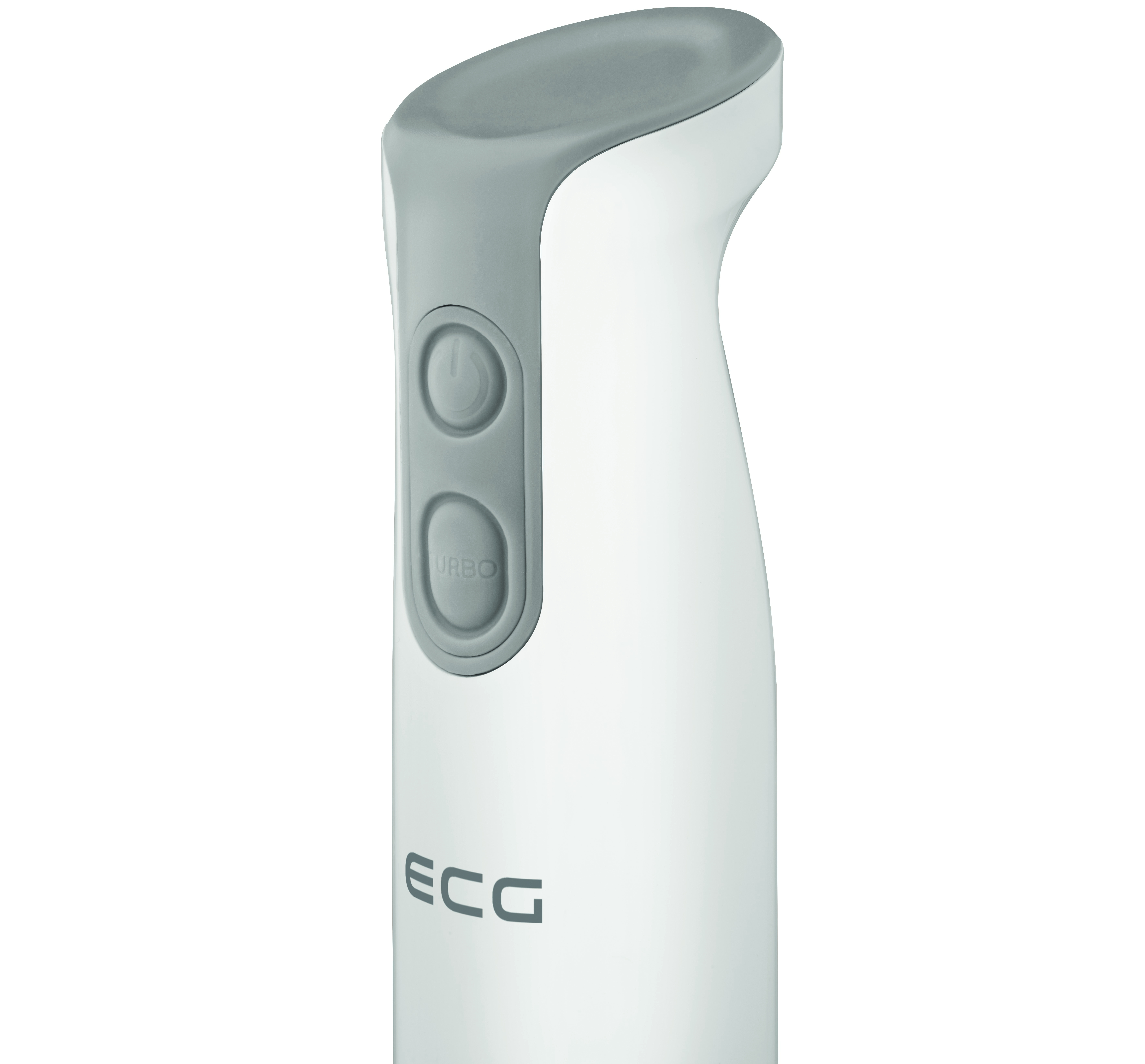 Weißer und grauer Stabmixer mit zwei Knöpfen und dem 'ECG'-Logo.