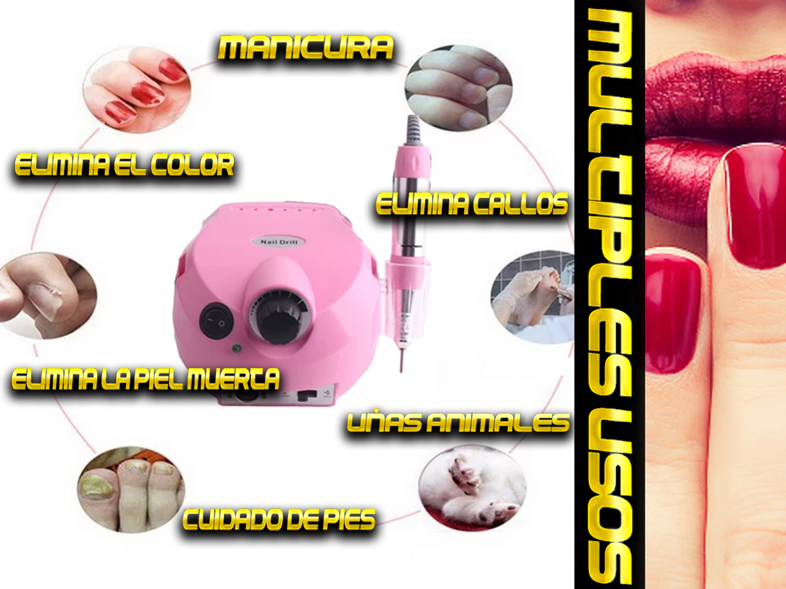 Imagen con múltiples usos, con herramientas de manicura y texto, incluida una mano con uñas rojas.