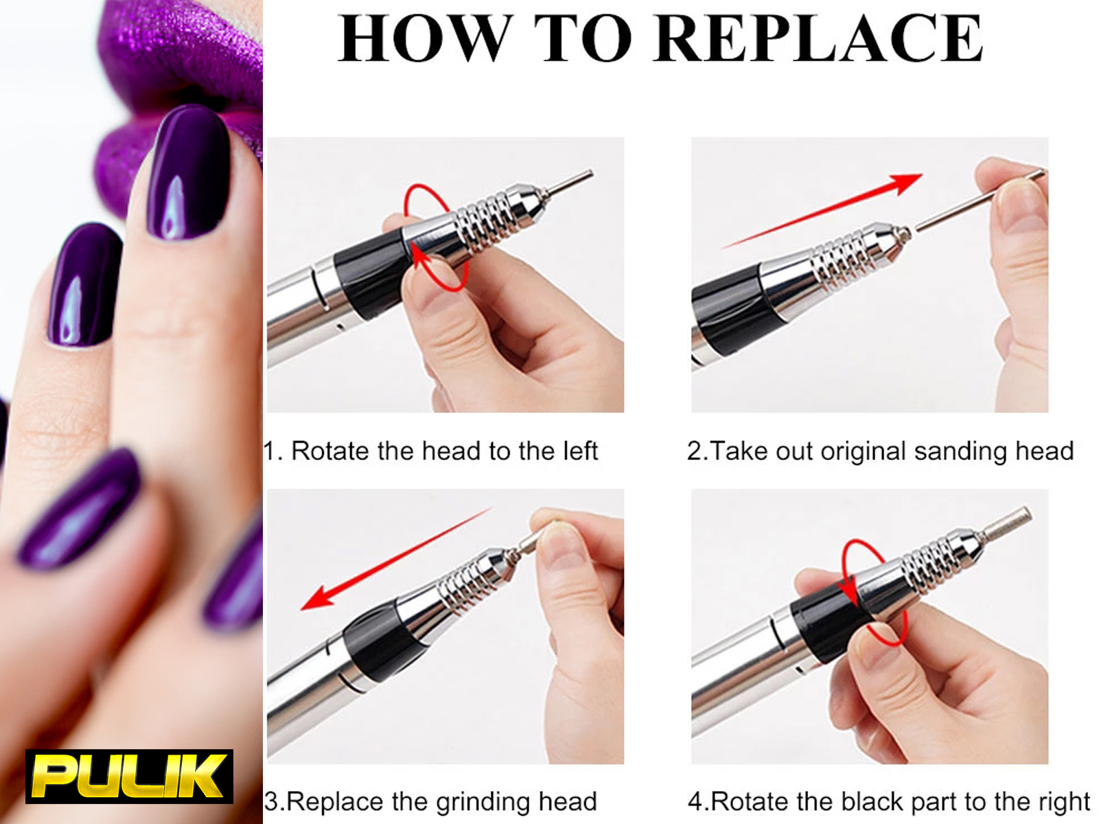 Instrucciones: Girar cabeza a la izquierda, quitar cabezal de lijado, reemplazar, girar parte negra.