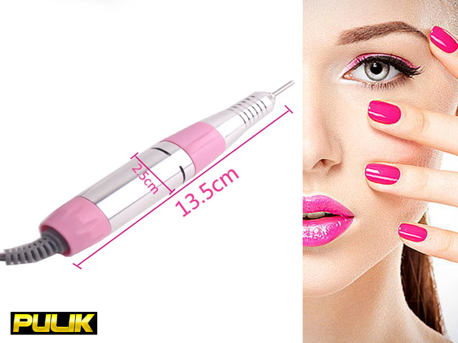 Herramienta de taladro de manicura, rosa y plateado, junto a la cara y manos de una mujer, uñas rosas.
