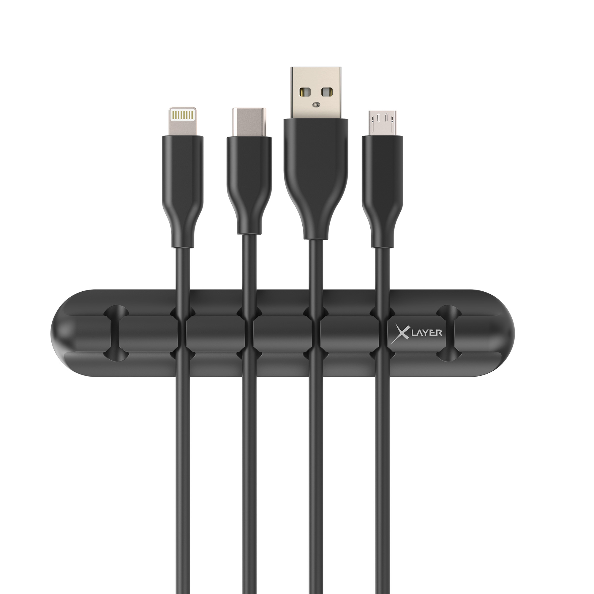 Schwarzer Kabel-Organizer mit vier angeschlossenen Kabeln, darunter Lightning, USB-C, USB-A und Micro-USB.
