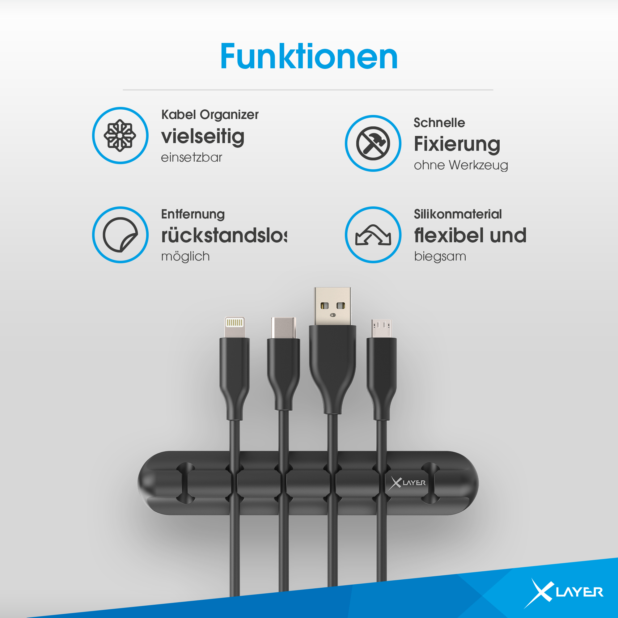 Ein schwarzer Kabel-Organizer mit eingesteckten USB-Kabeln.