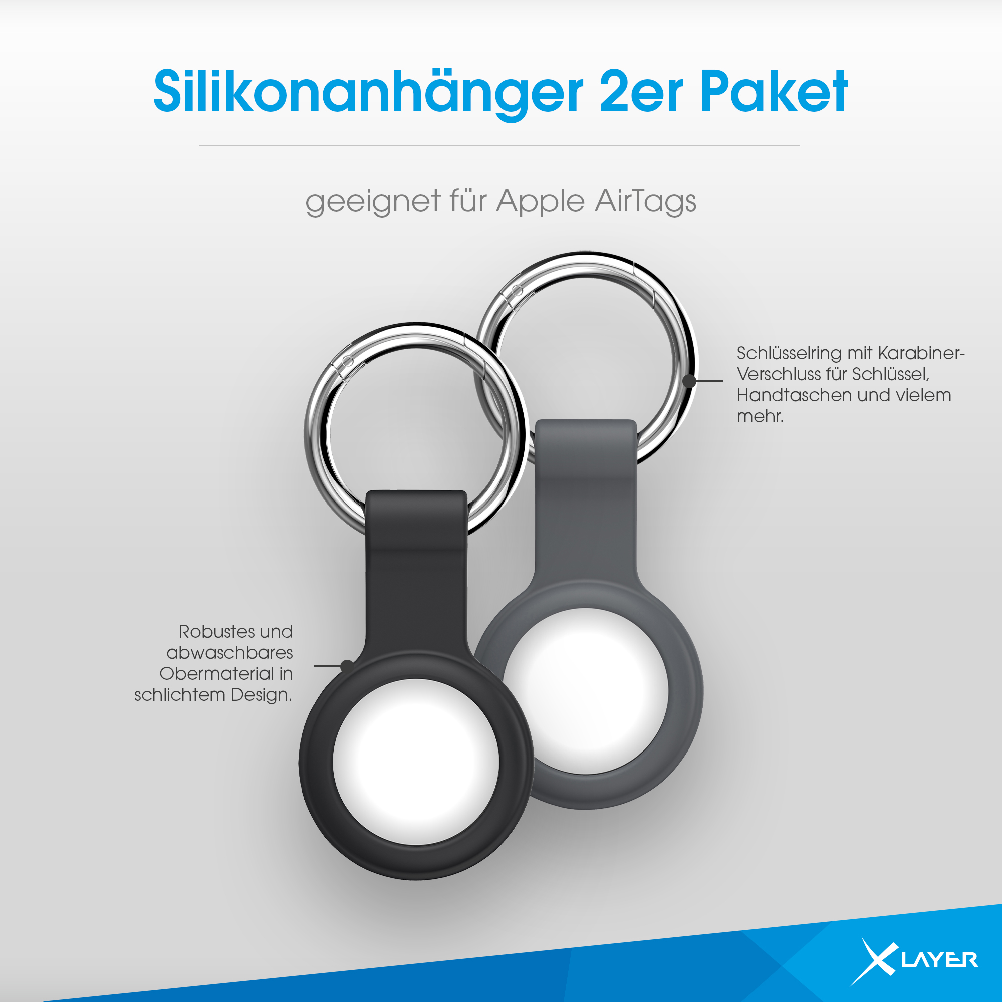 Zwei schwarze und graue Silikon-AirTag-Halter mit einem silbernen Ring auf hellem Hintergrund.