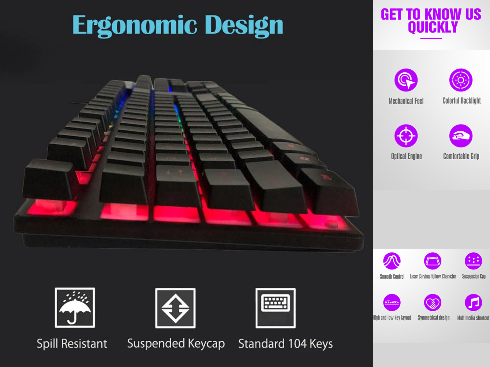 Teclado gaming negro con teclas iluminadas y texto promocional a la derecha.