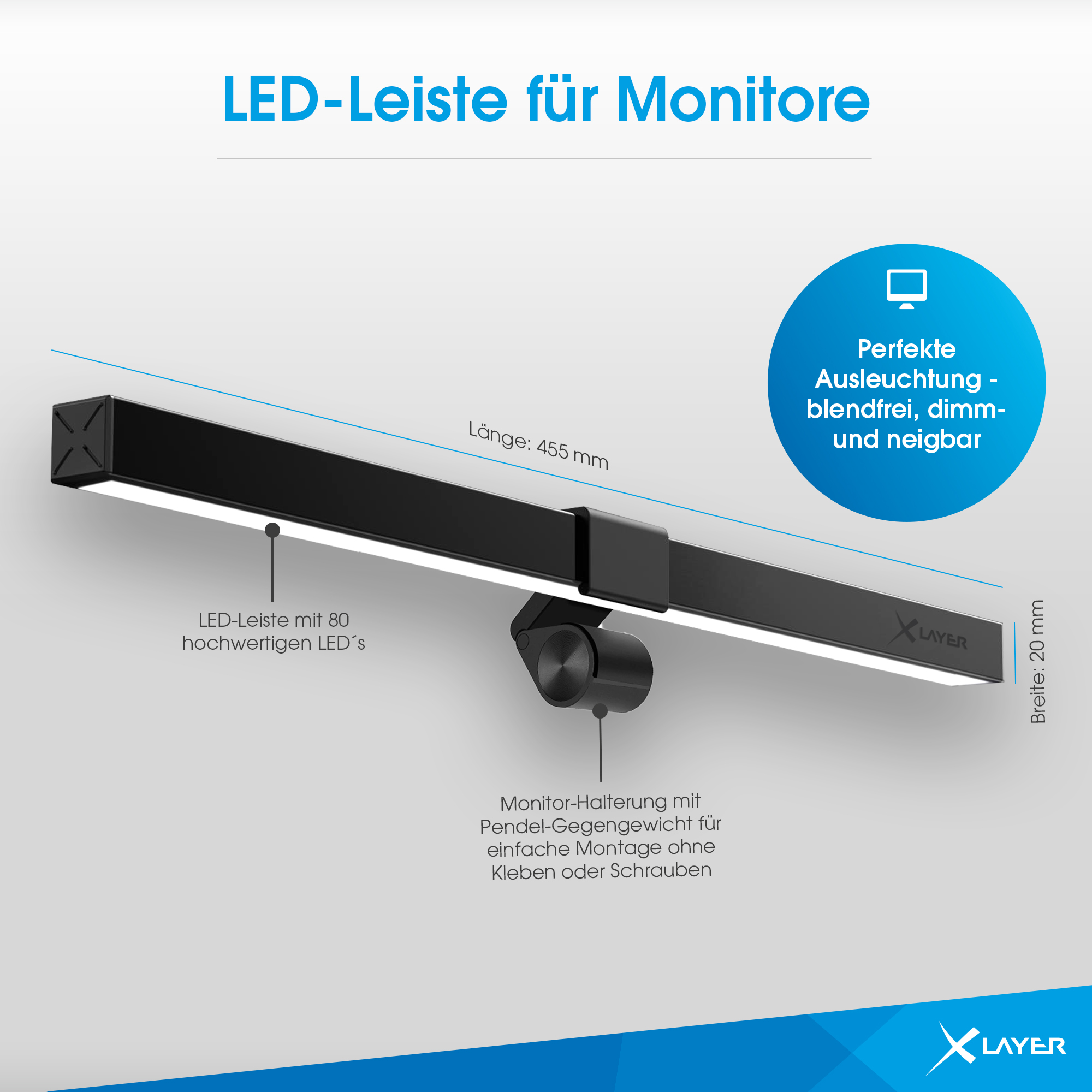 Eine schwarze LED-Lichtleiste für einen Monitor, mit Beschriftung von Maßen und Details.