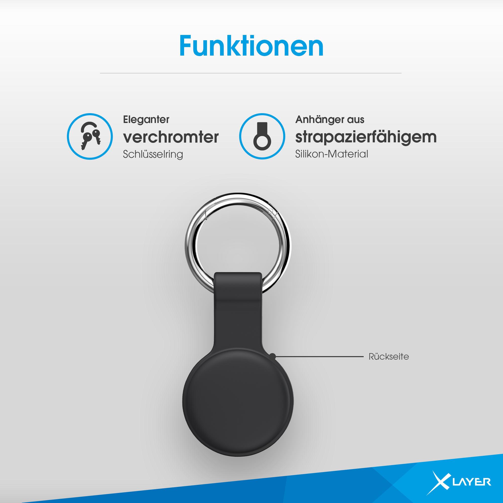 Ein schwarzer Schlüsselanhänger mit schwarzem Halter und Text auf Deutsch.