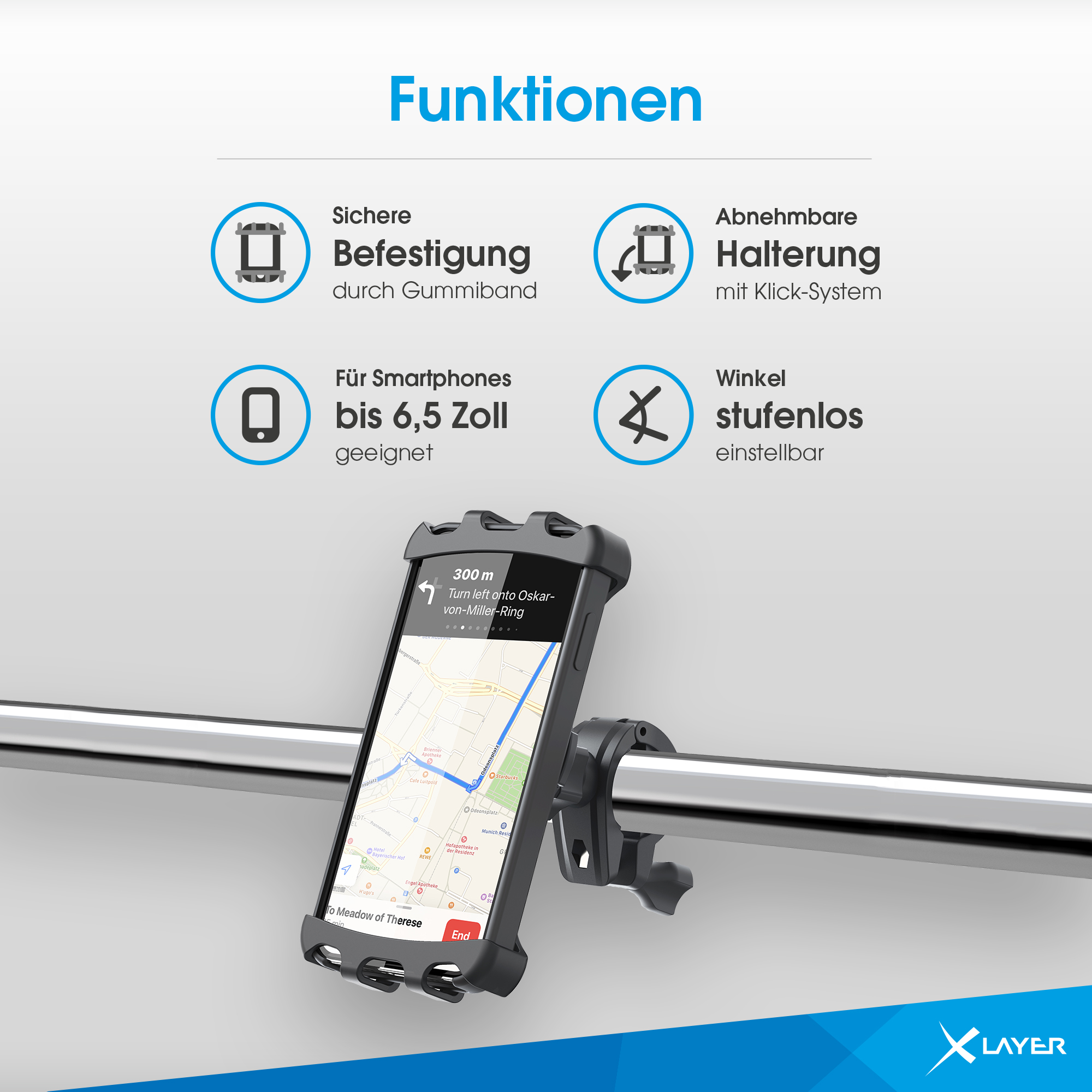 Ein Telefon an einem Lenker montiert, mit Karte auf dem Bildschirm.
