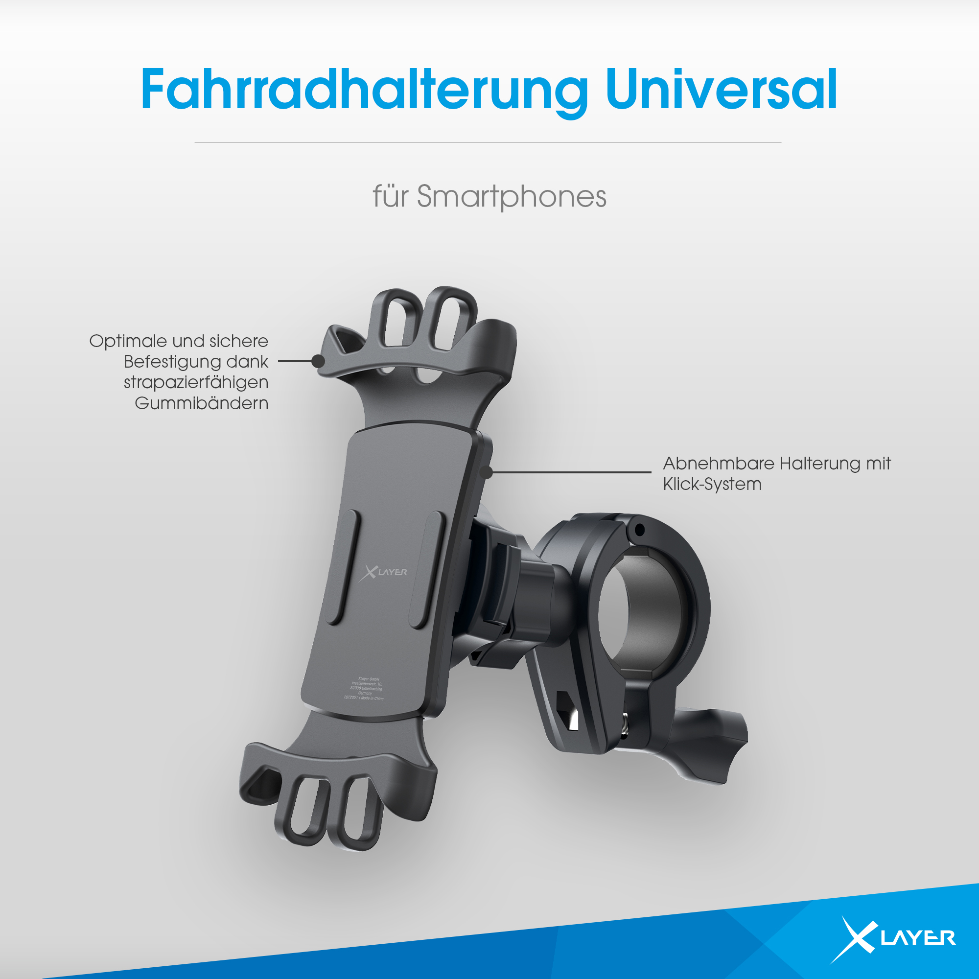 Eine schwarze Fahrrad-Telefonhalterung mit einem befestigten Telefon.