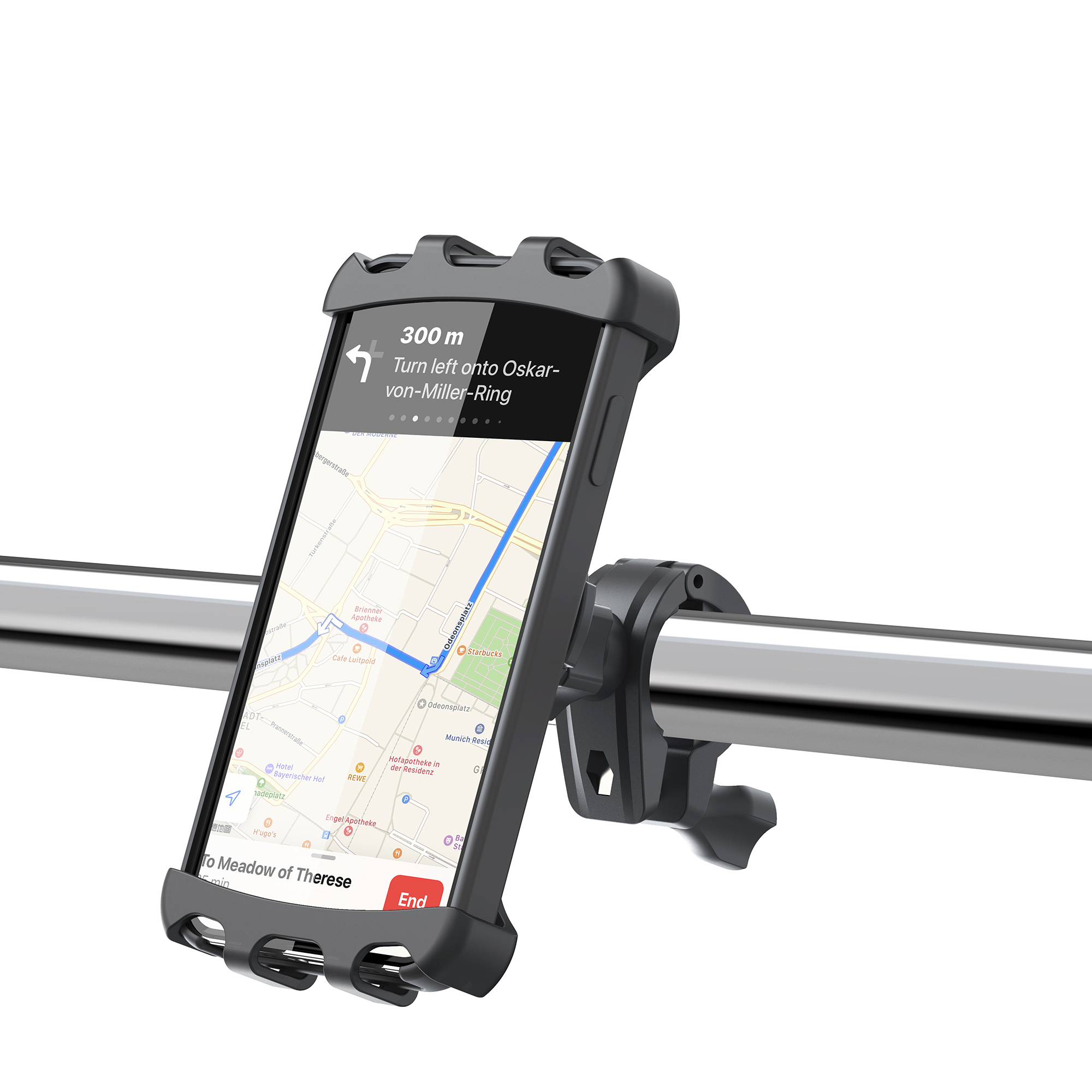 Telefonhalterung für ein Fahrrad. Telefon mit Navigationsbildschirm am Lenker montiert.