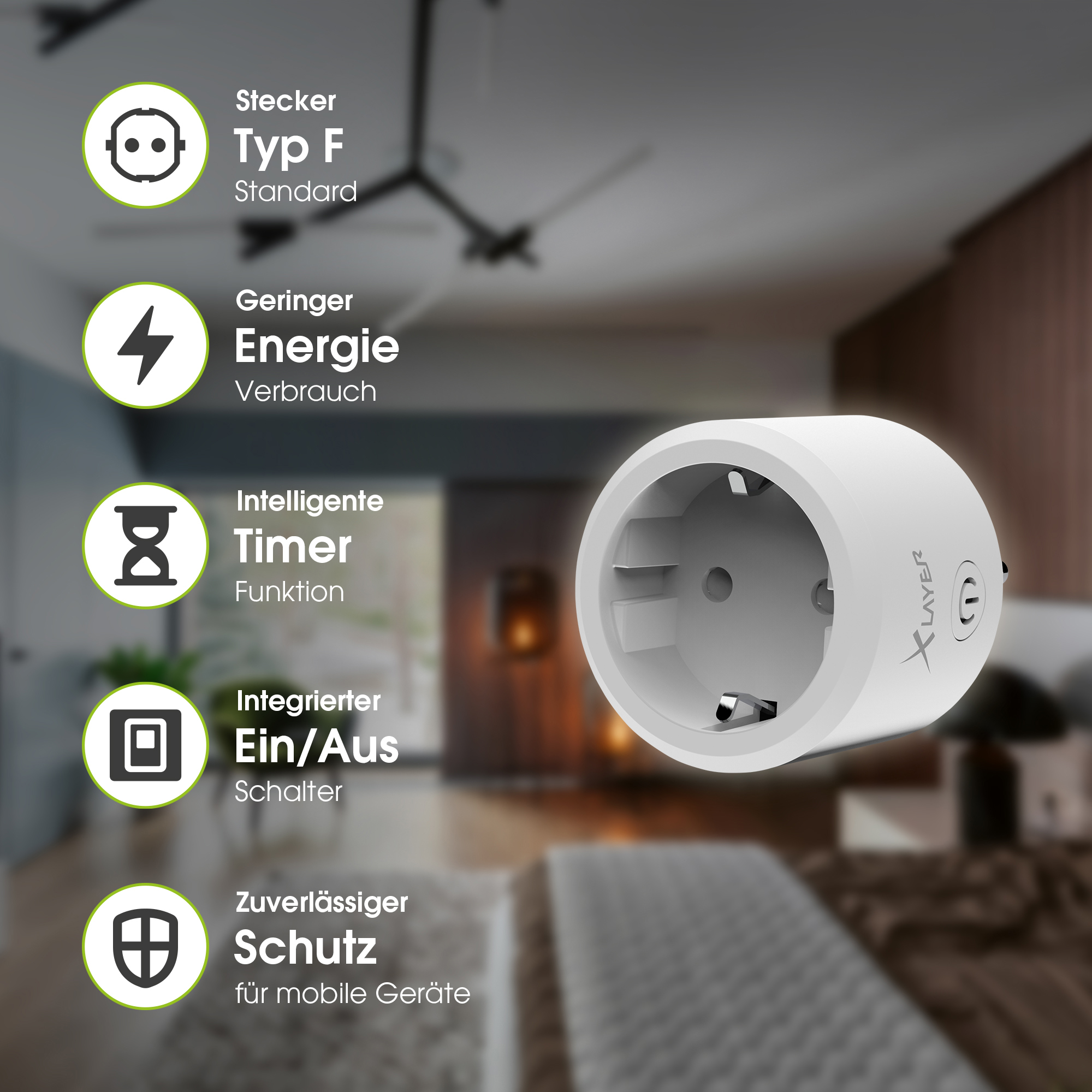 Weißer Smart-Stecker mit Symbolen und Text über Funktionen und Energie.