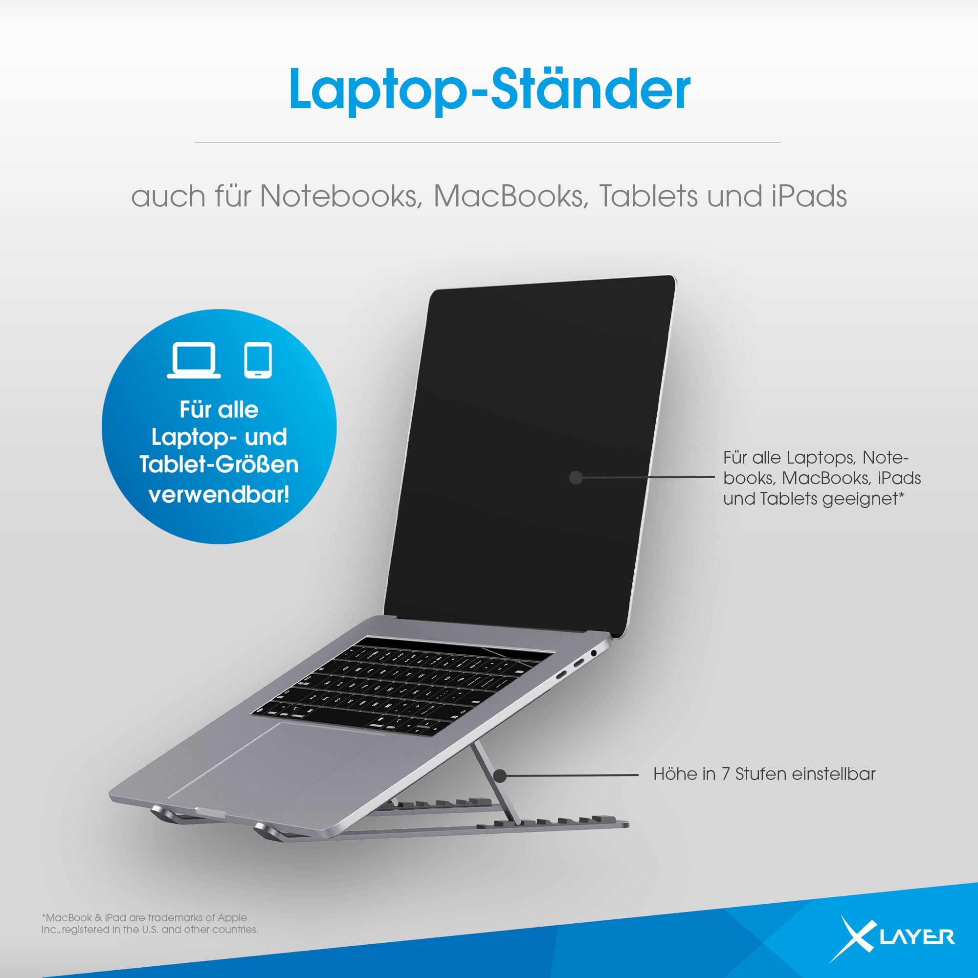 Laptopständer, silber, unterstützt einen Laptop, mit Text: 'Für alle Laptop- und Tablet-Größen'.