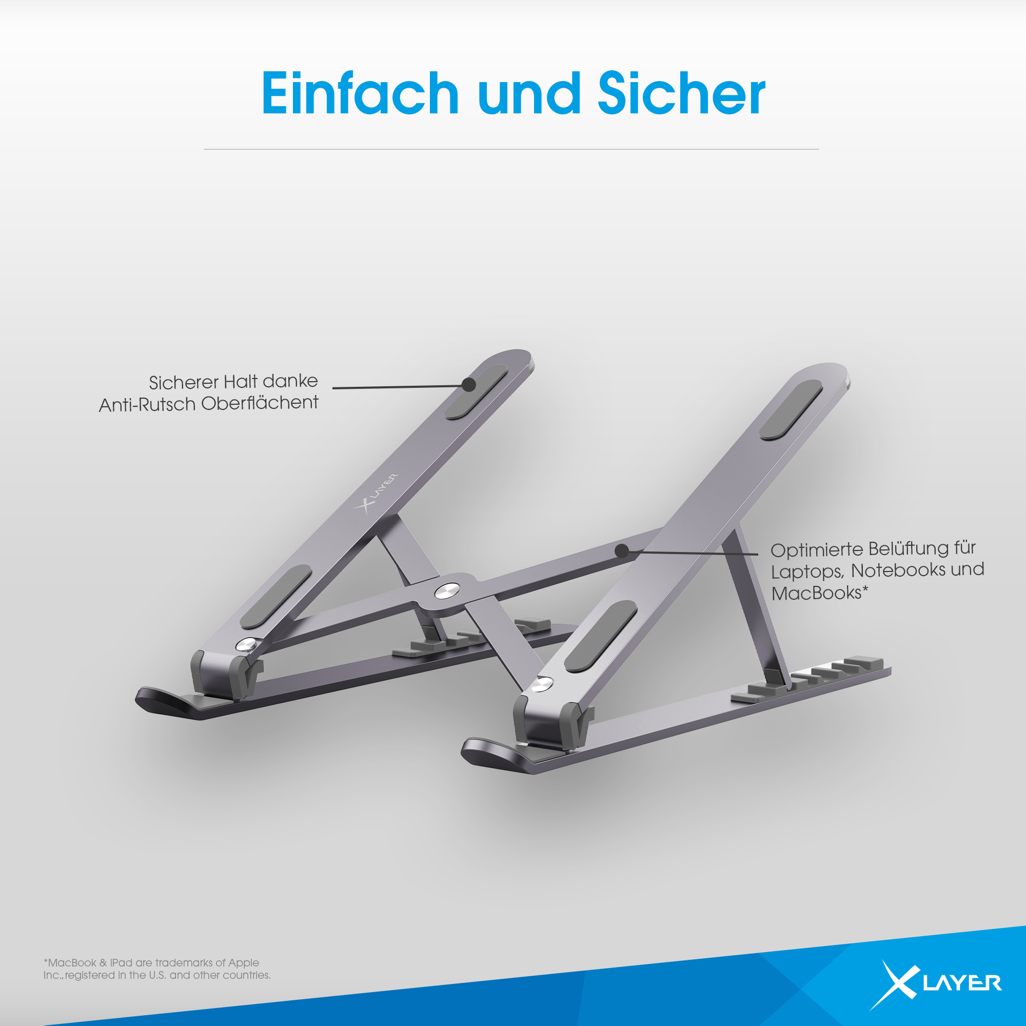 Silberner Laptopständer, abgewinkelt, mit Text: 'Optimierte Belüftung für Laptops, Notebooks'.