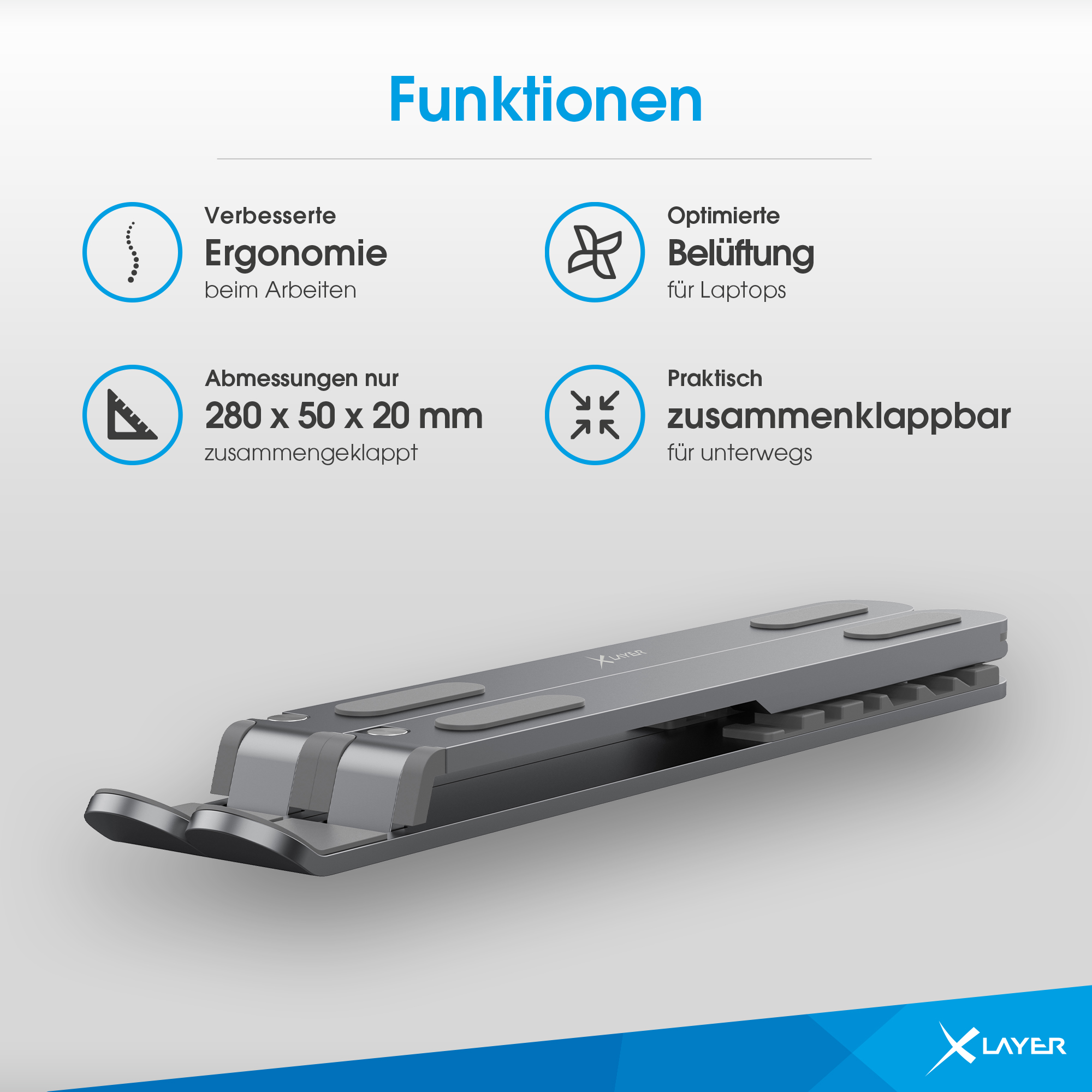 Laptopständer mit Symbolen und Funktionen. Weißer Hintergrund.