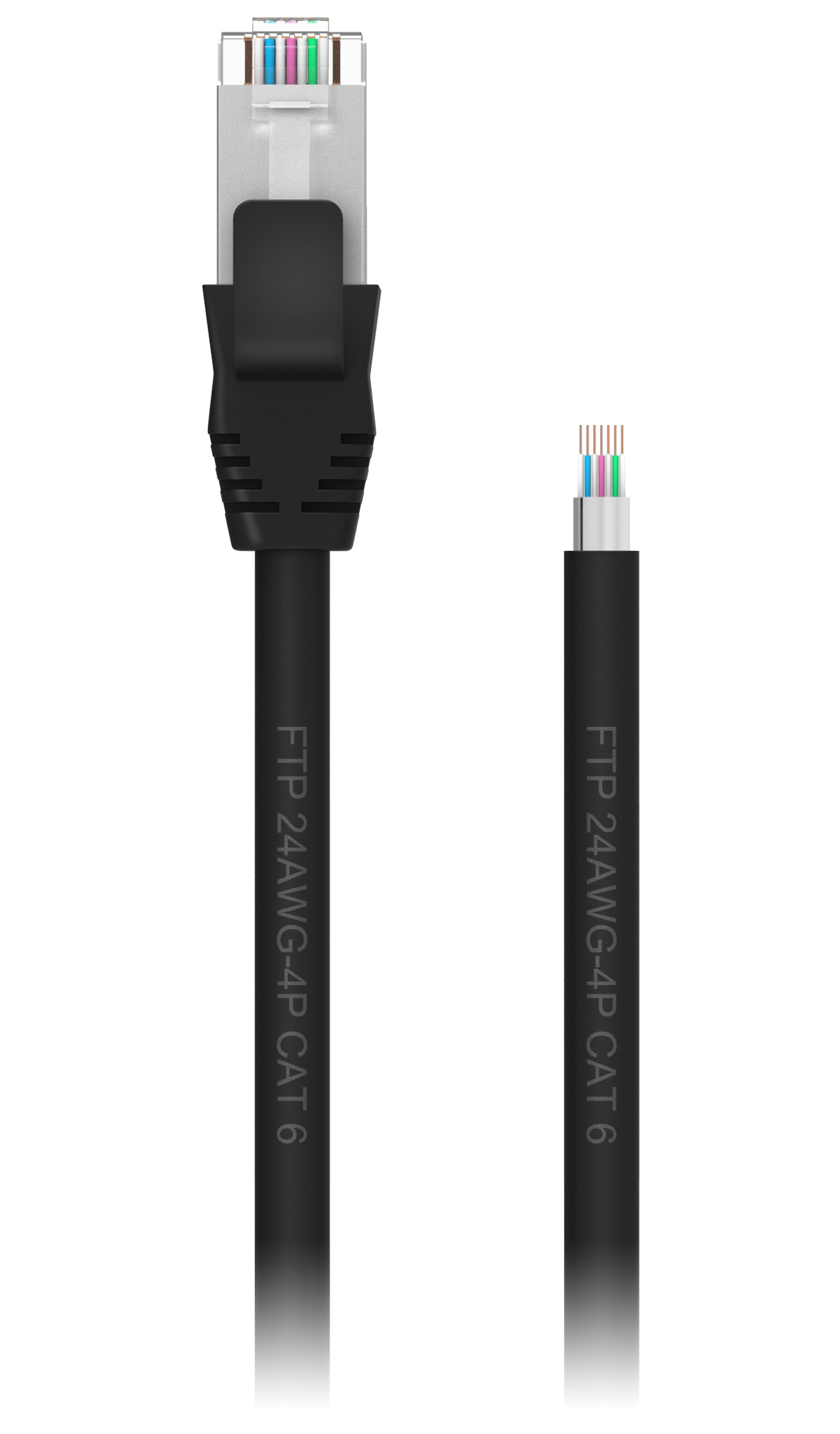 Schwarzes Ethernet-Kabel mit transparentem Stecker. Schnitt zeigt interne Drähte.