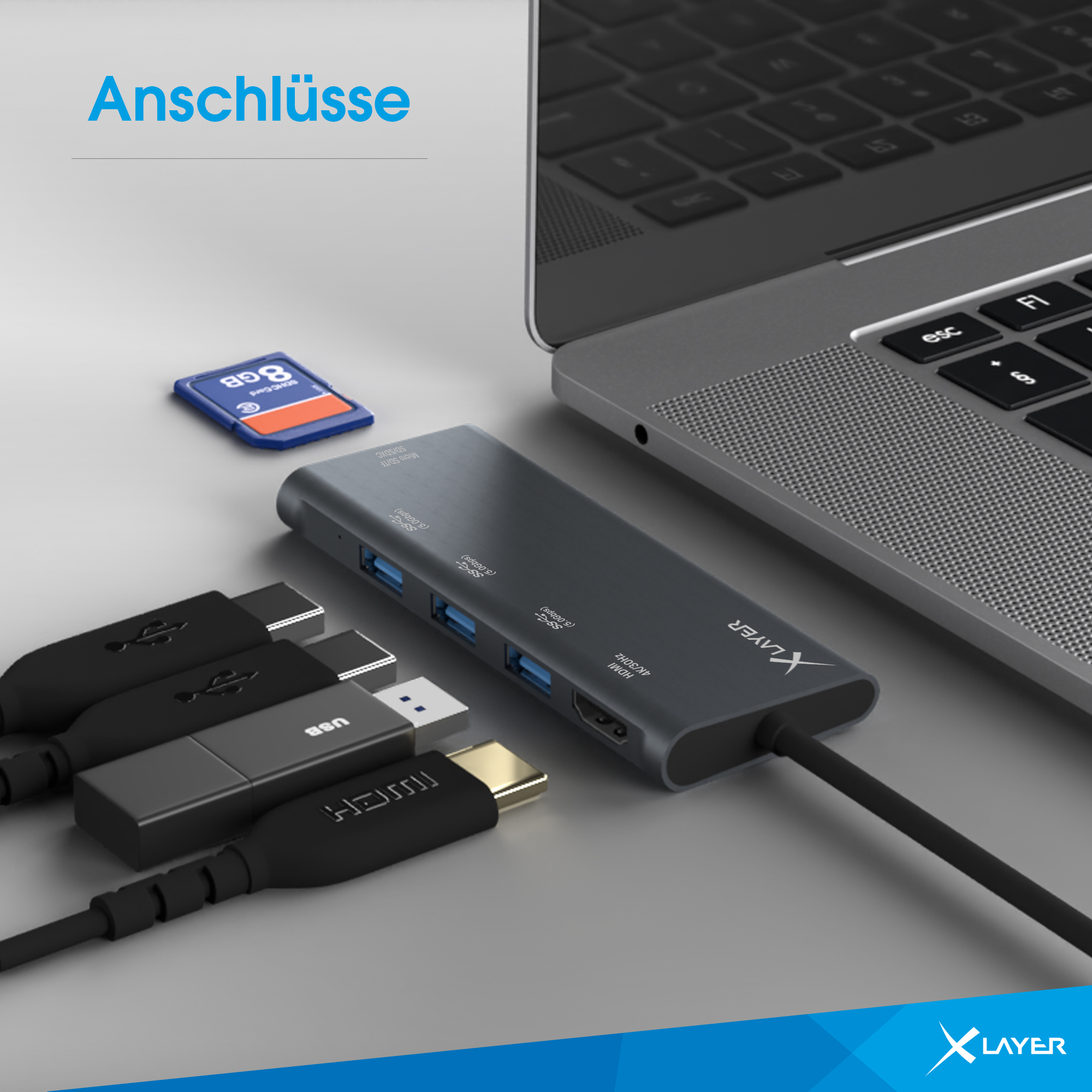 Ein Laptop mit einem grauen Hub, an den mehrere Kabel angeschlossen sind.