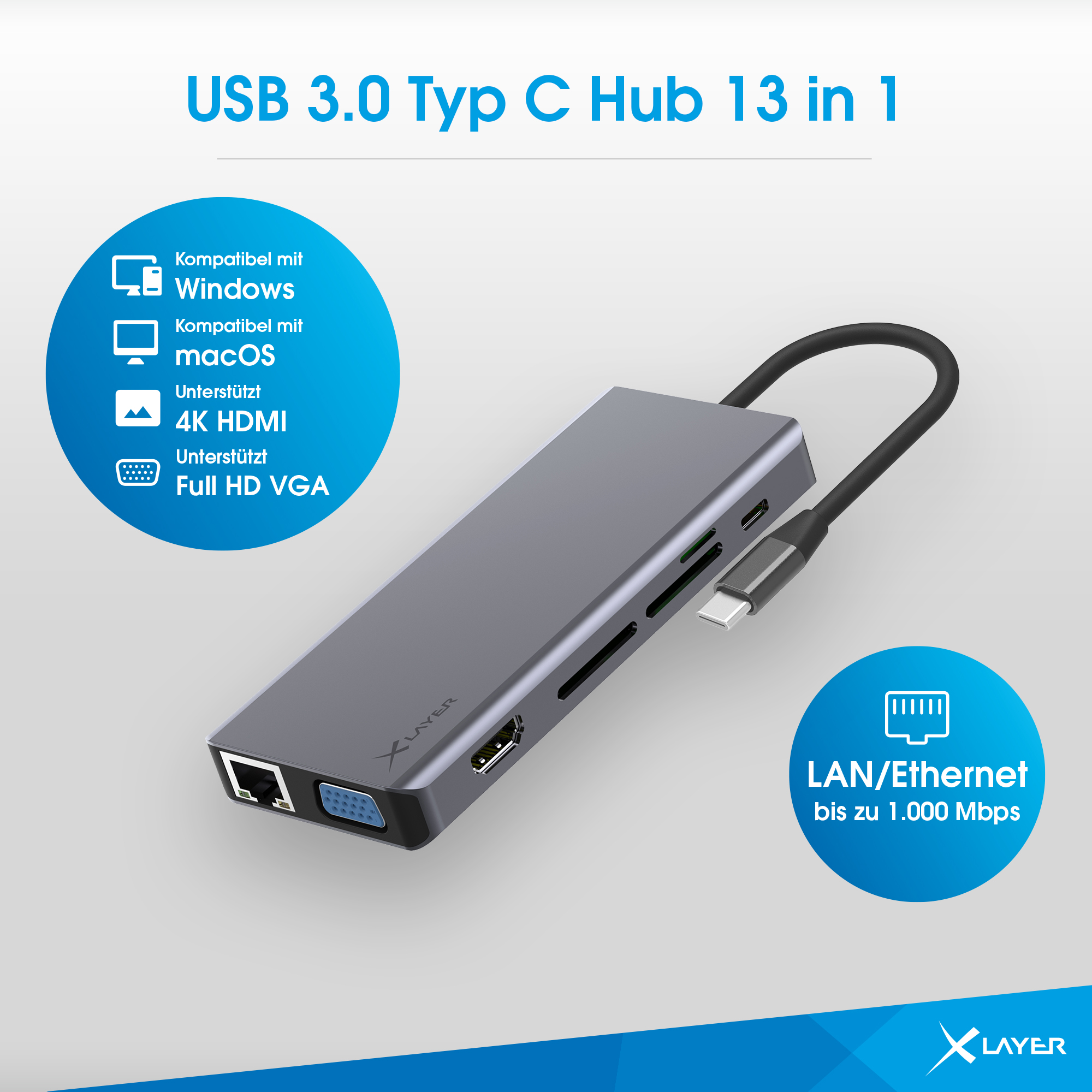 1, in 13 XLAYER Hub, Grau USB-C