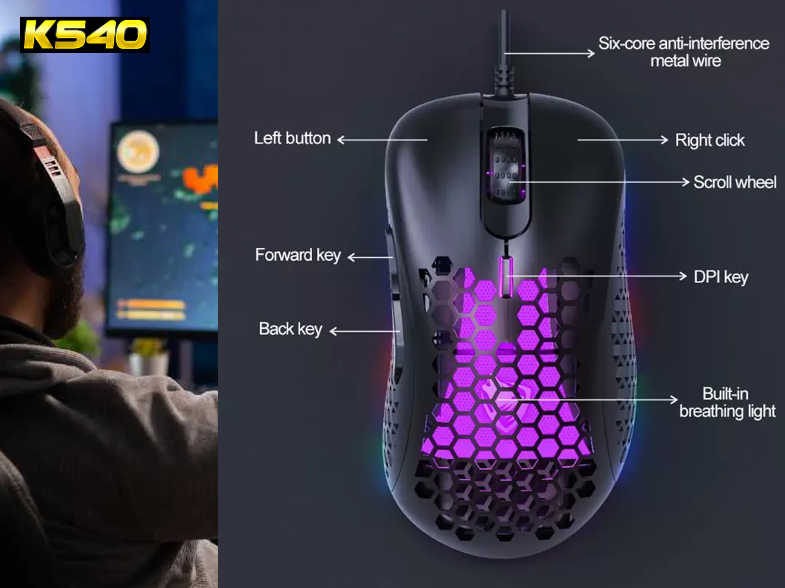 Ratón gaming con etiquetas. Ratón negro con diseño de panal. Fondo: gamer.