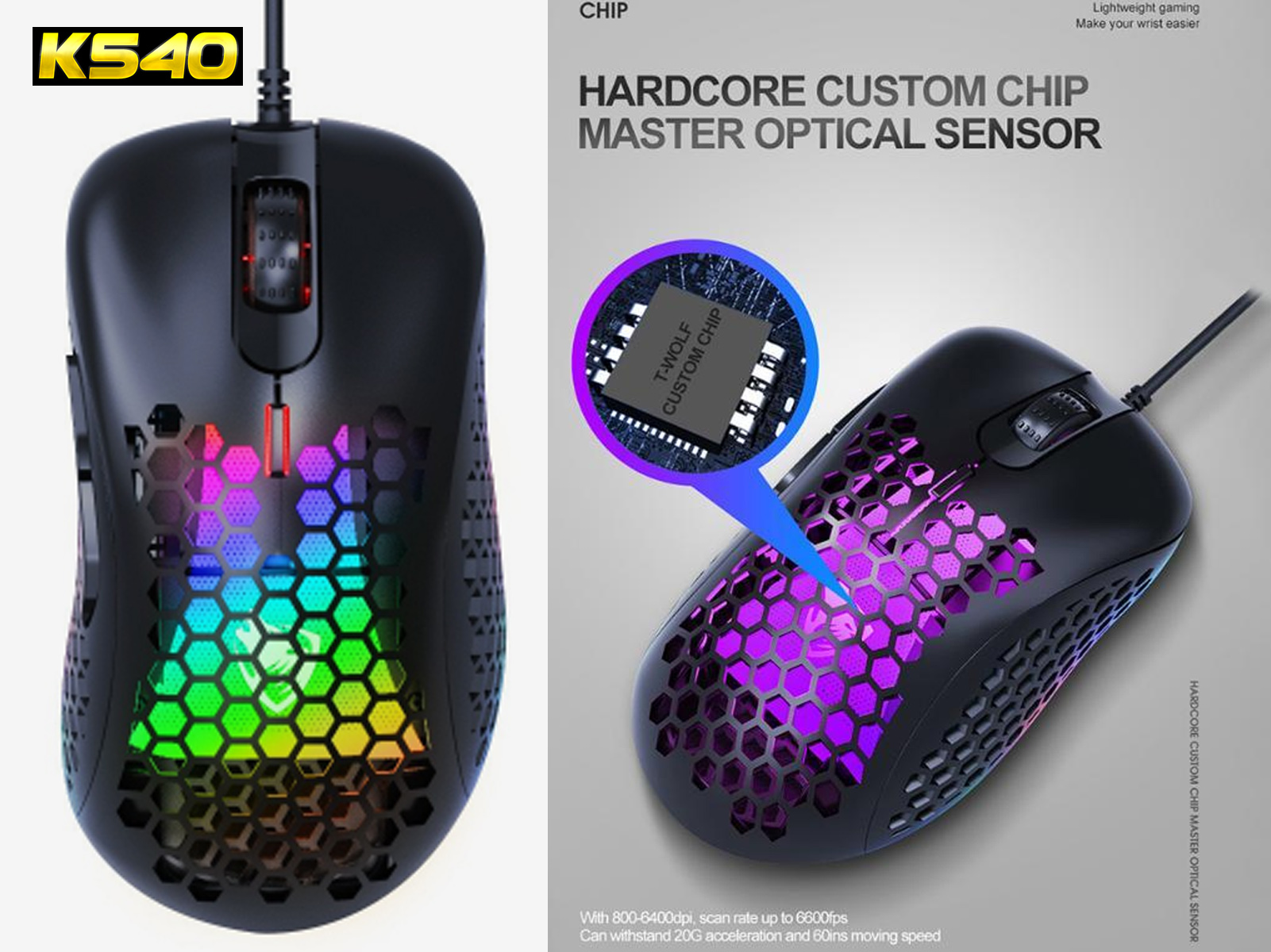 Ratón gaming negro con diseño de panal, luces LED coloridas y cable. Hay un diagrama de chip.