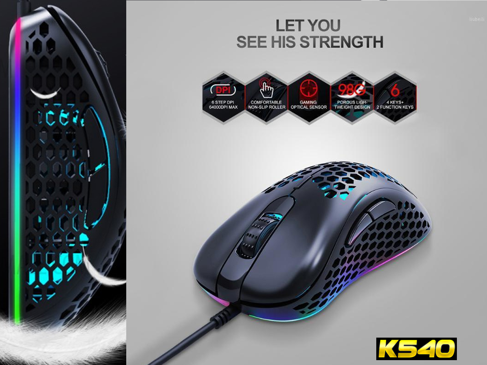 Ratón gaming negro con diseño de panal, iluminación RGB. Con botones y cable.