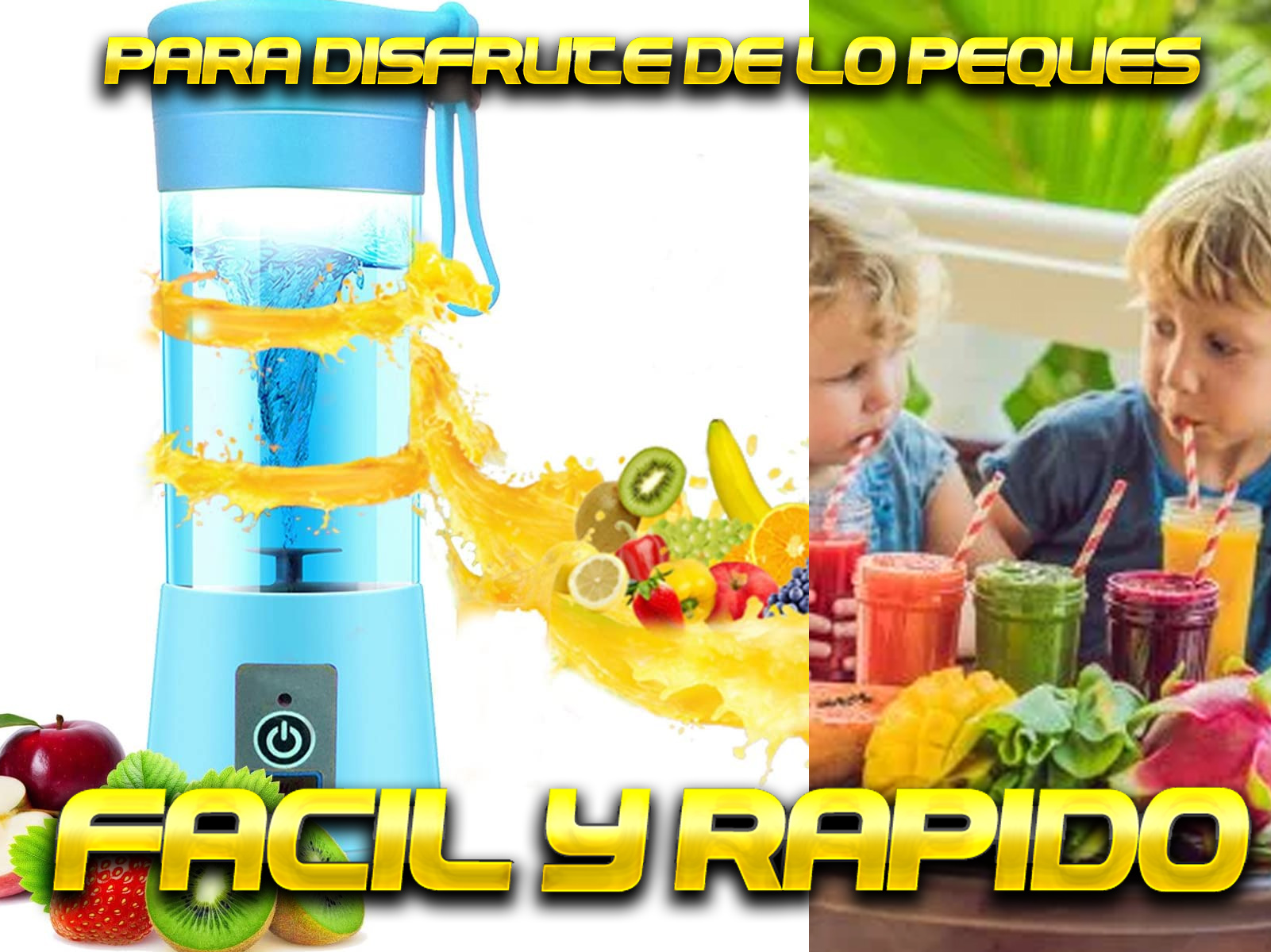 Licuadora con frutas y niños, texto: 'Fácil y rápido'. Licuadora azul con frutas.