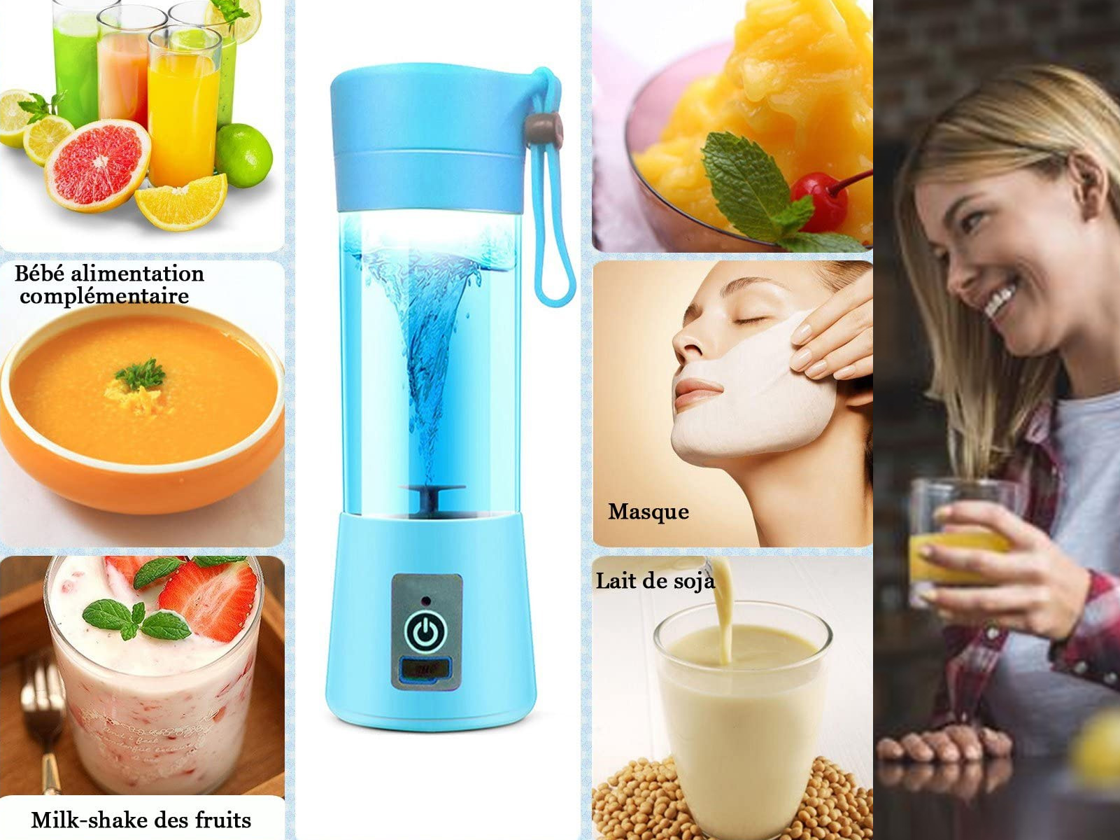 Collage de elementos, incluyendo una licuadora, comida, una mujer y productos para el cuidado de la piel.